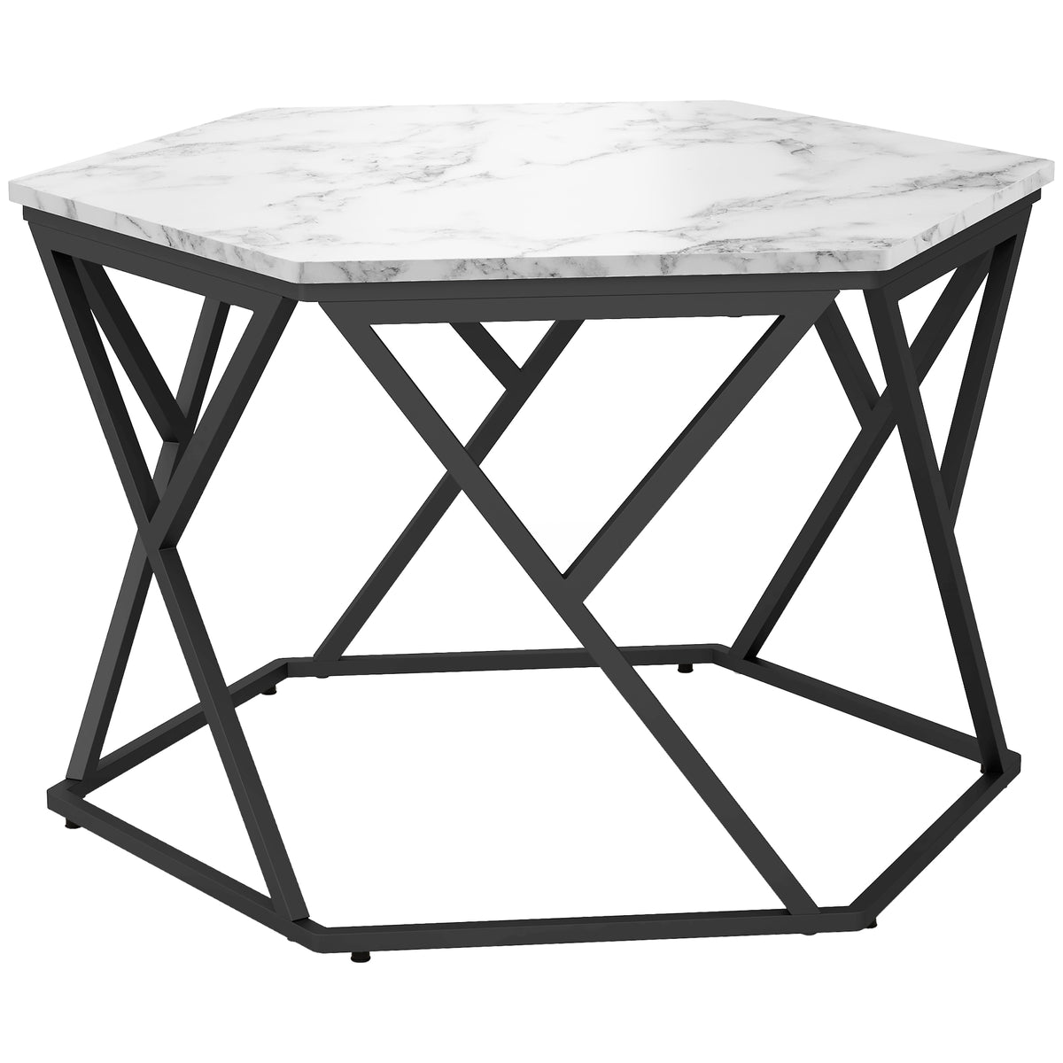 Kozy Hexagonal Coffee Table with High Gloss Marble Effect Table Top, Modern Cocktail Table with Steel Frame for Living Room, White