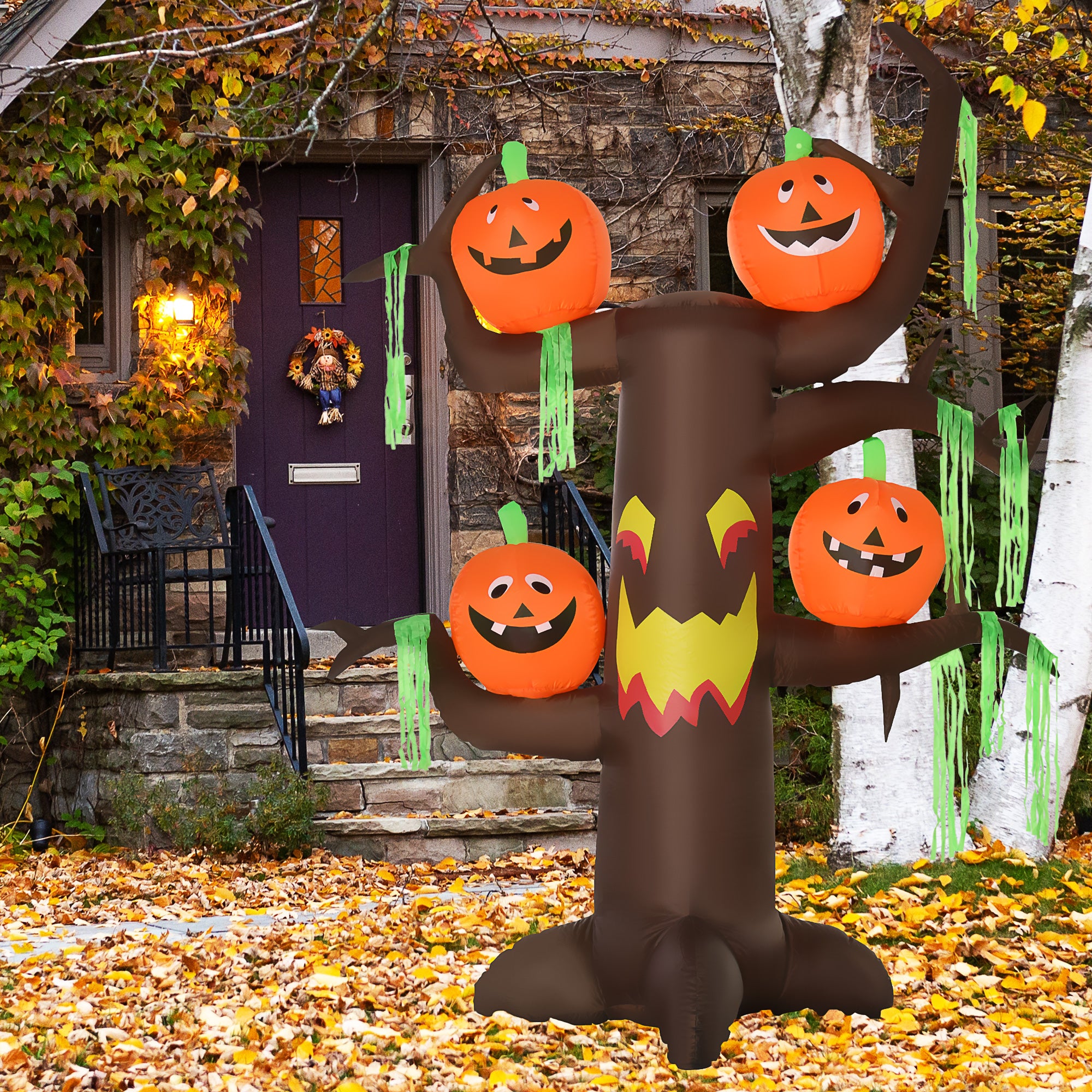 Kozy 2.4m Halloween Inflatable Ghost Tree with 4 Pumpkins 2 Build-in LEDs, Blow Up Inflatables for Halloween Party Yard Lawn Outdoor Indoor Decoration