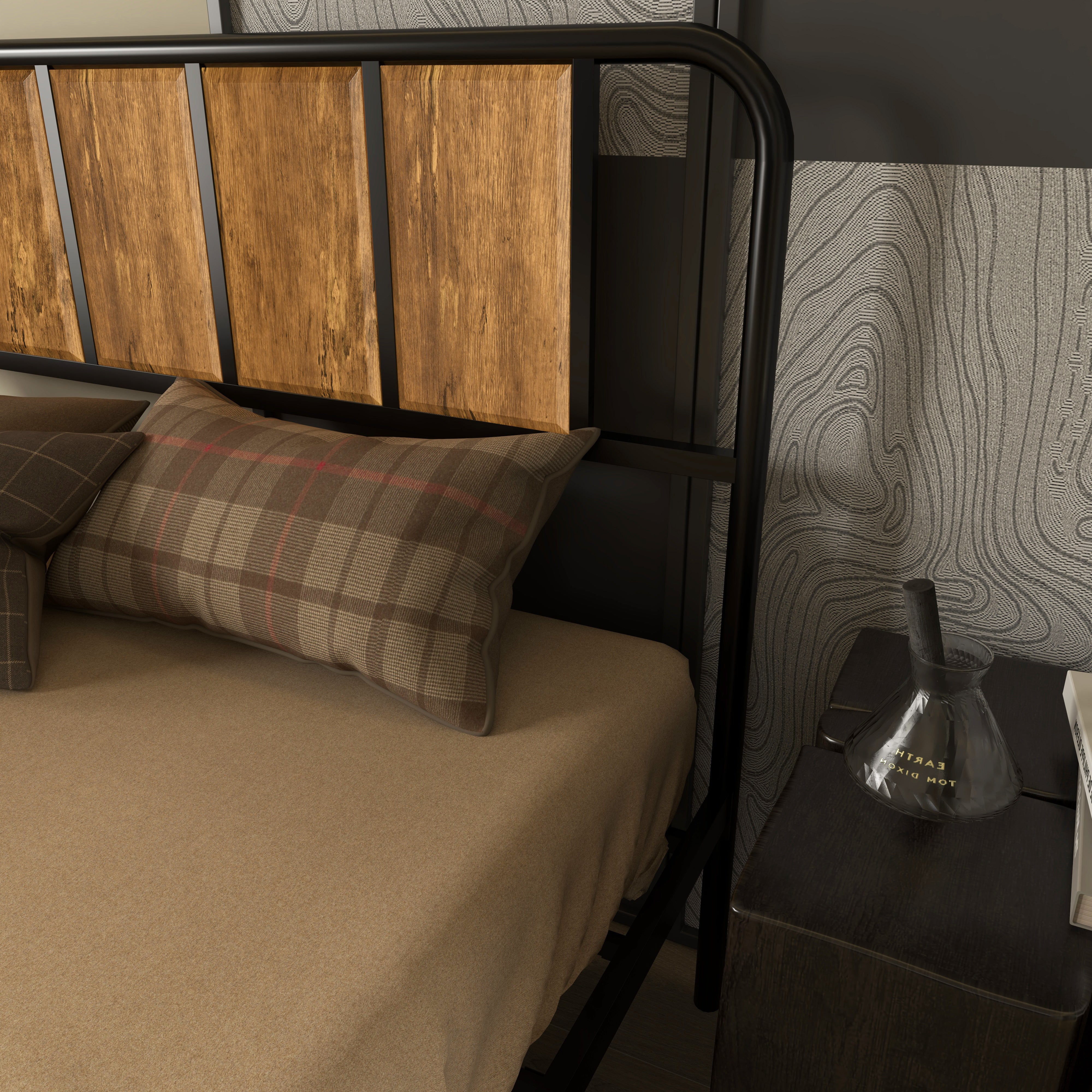 4.8ft Double Bed Frame with Industrial Wood Headboard, Steel Slat Support and 25.5cm Underbed Storage Space, 145 x 197cm, Rustic Brown