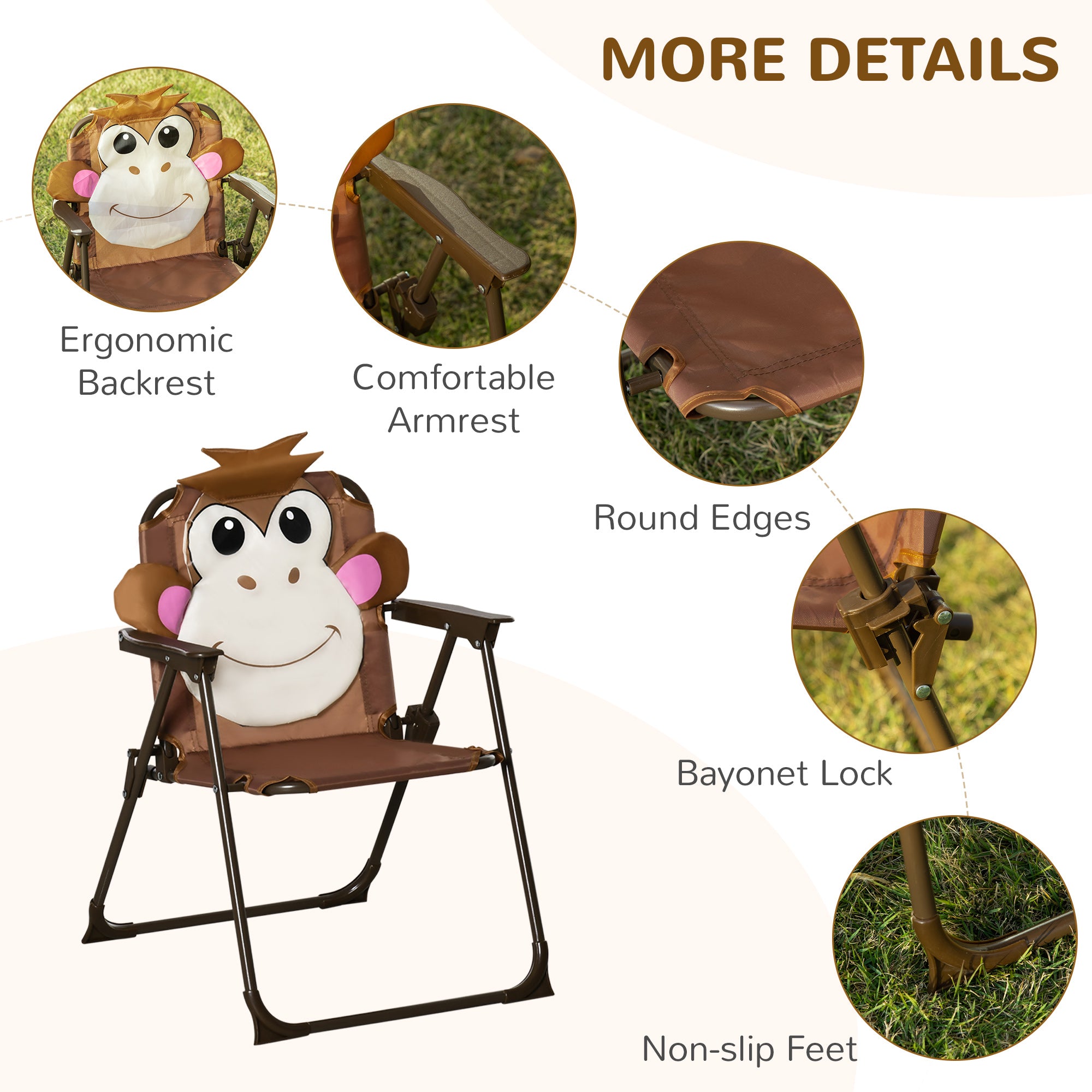Kozy Kids Bistro Table and Chair Set, Outdoor Folding Garden Furniture w/Monkey Design, Removable, Adjustable Sun Umbrella, Ages 3-6 Years - Brown