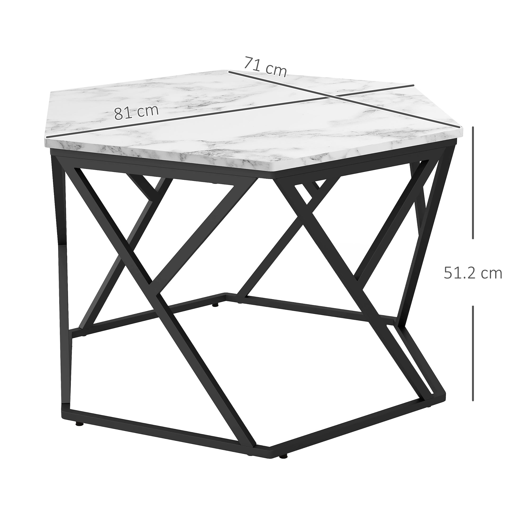 Kozy Hexagonal Coffee Table with High Gloss Marble Effect Table Top, Modern Cocktail Table with Steel Frame for Living Room, White