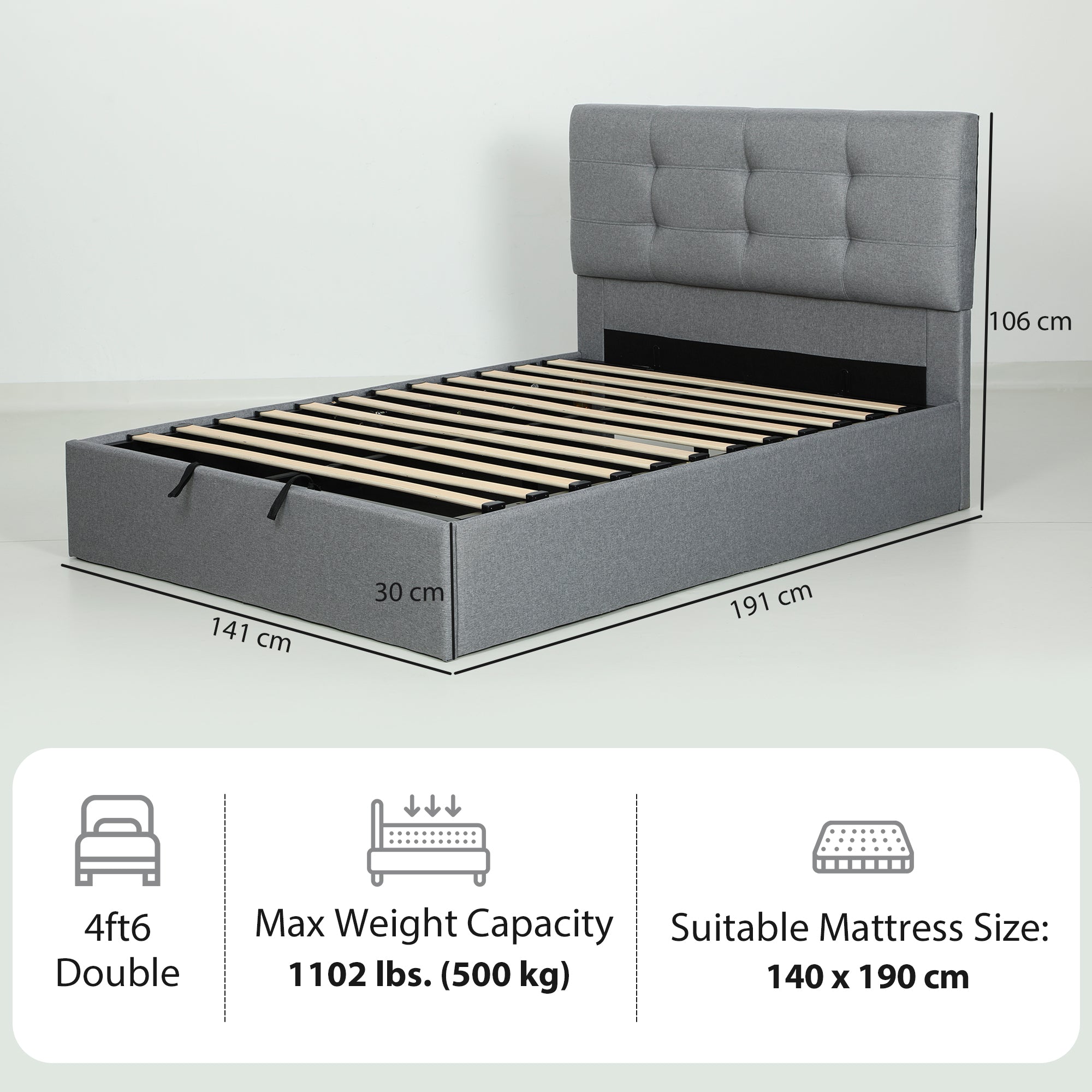 4ft6 Double Ottoman Bed with Gas Lift Storage - Grey