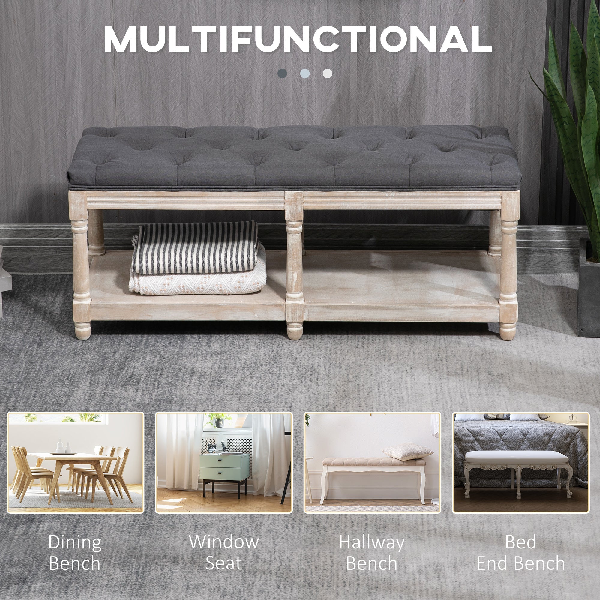 HOMCOM Hallway Haven: Vintage Shoe Bench with Tufted Cushion, 2-Tier Wooden Storage, Grey | Aosom UK