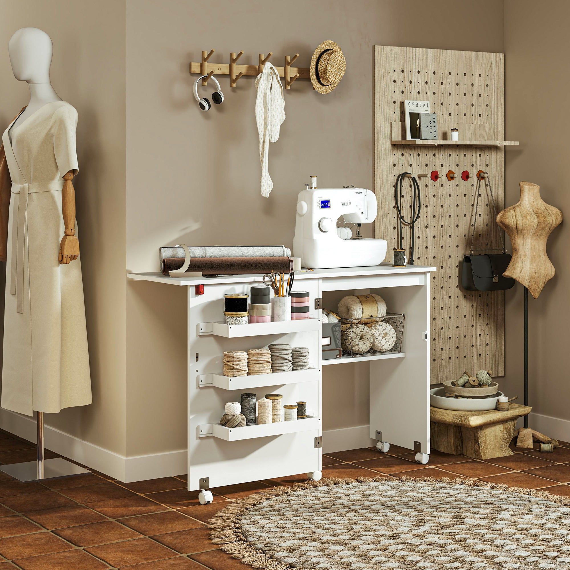 Kozy - Folding Sewing Table, Drop Leaf Craft Table with Storage Bins, Open Shelf and Wheels, Rolling Sewing Machine Cabinet Computer Desk for Small Space, White