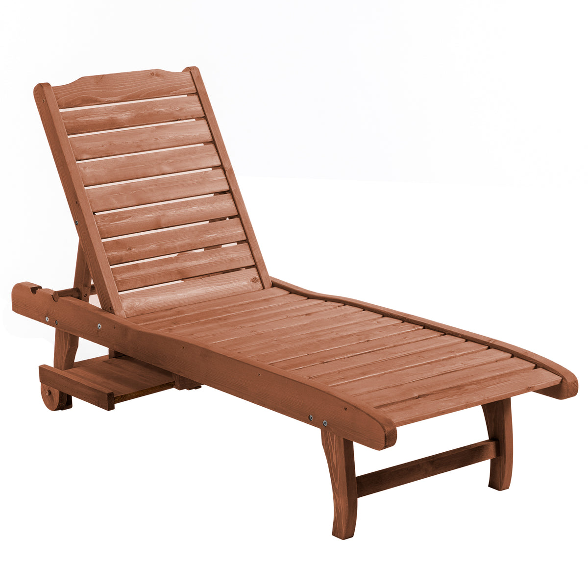 Kozy Outdoor Wooden Lounger Chair, Sun Bed with Built-In Table, Adjustable Backrest and Wheels, Red Brown