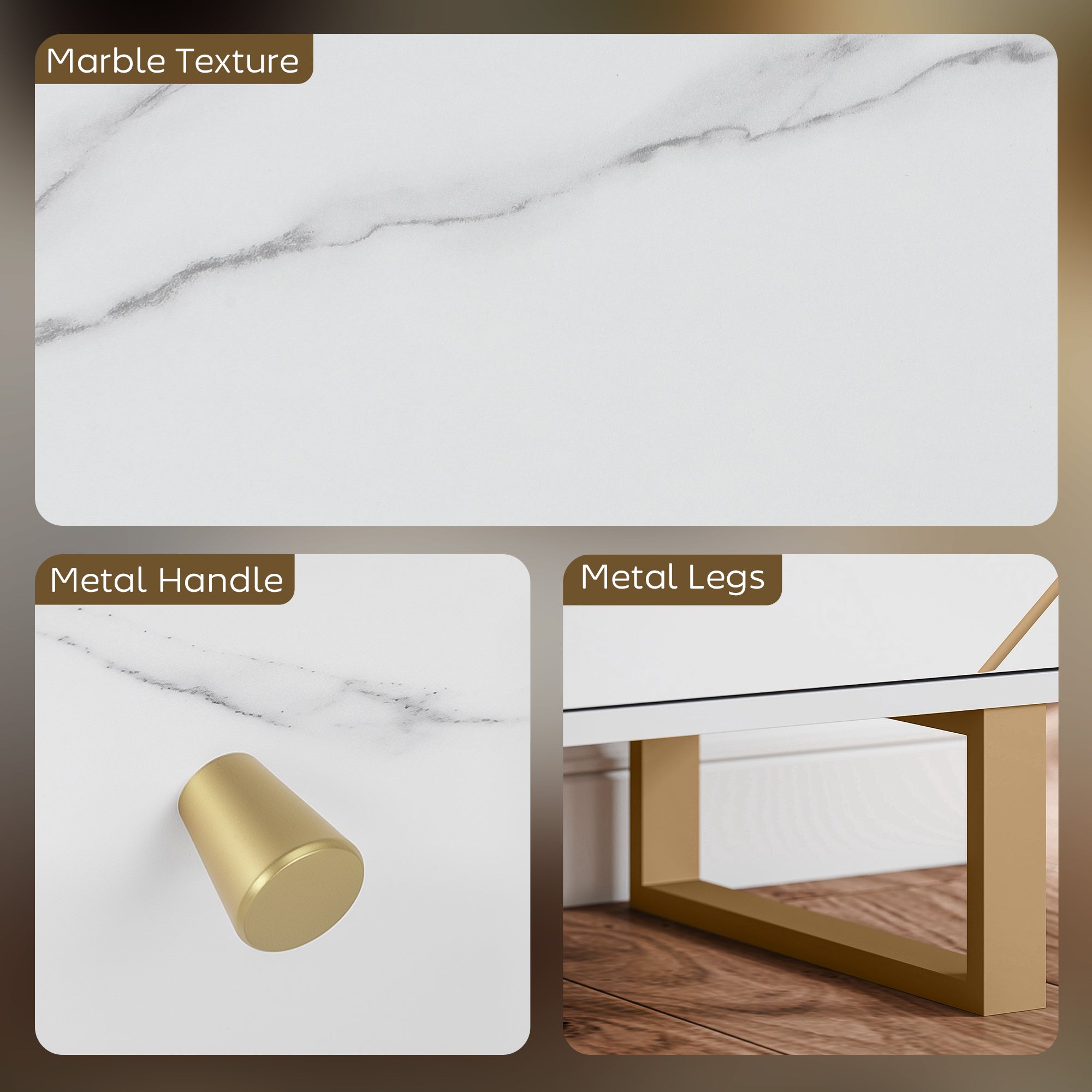 Kozy - Sideboard Storage Cabinet, Modern Storage Cupboard with Adjustable Shelves and Metal Legs for Living Room, Kitchen, Dining Room, Entryway, White Marble Tone