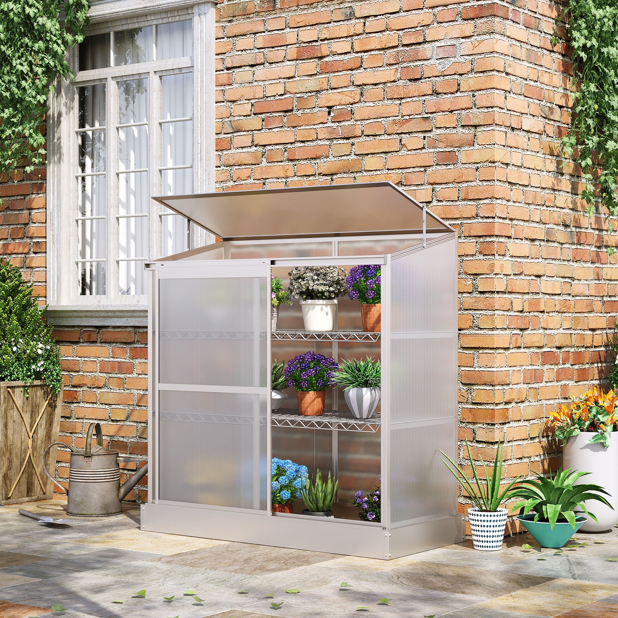 Kozy 3 Tier Greenhouse Garden Outdoor Cold Frame Plant Flower Growth Transparent Polycarbonate Board Openable Roof Sliding Door w/ Foundation 131L x 58W x 140H cm