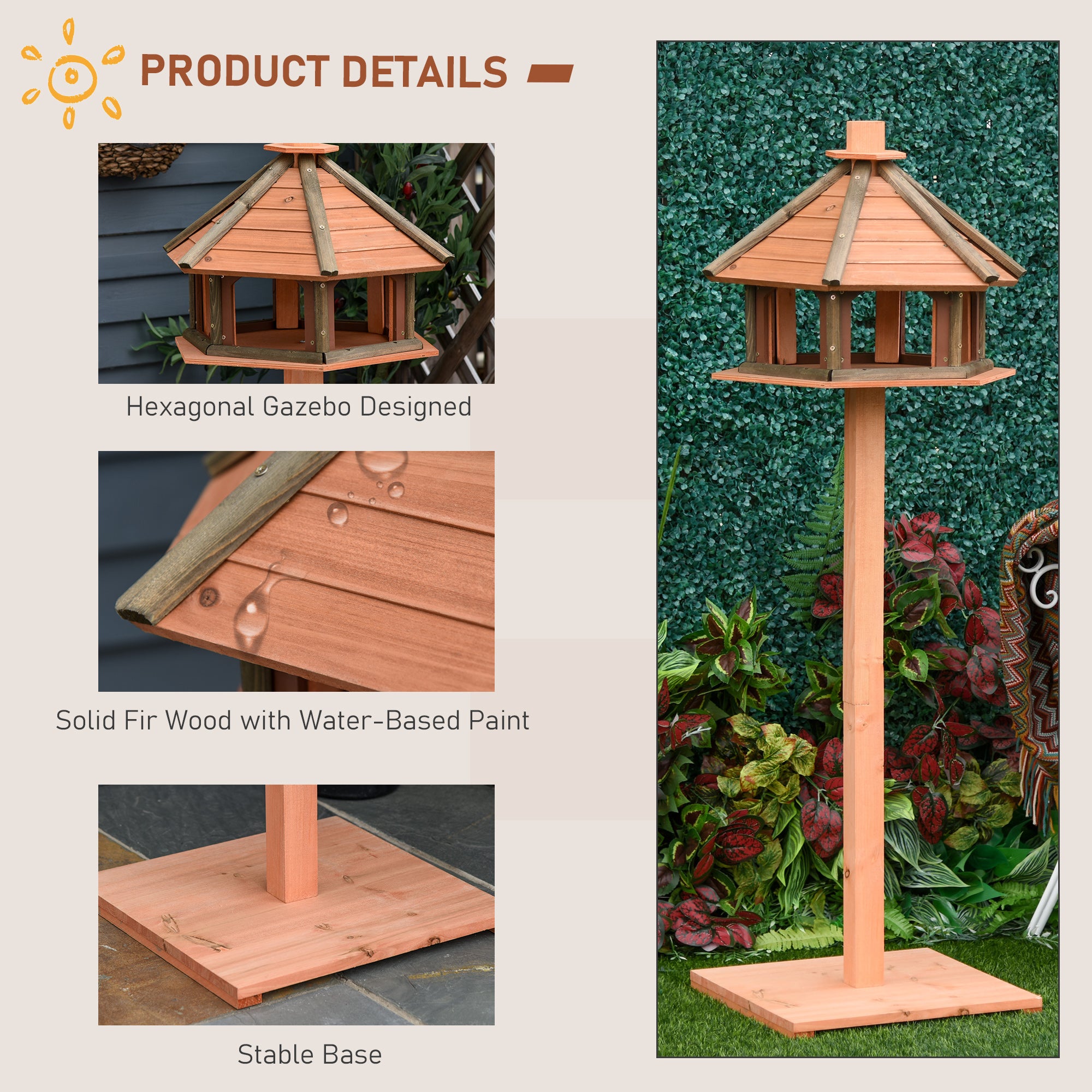 Kozy 130cm Wooden Bird Table, Feeding Station with Roof for Outdoor, Brown