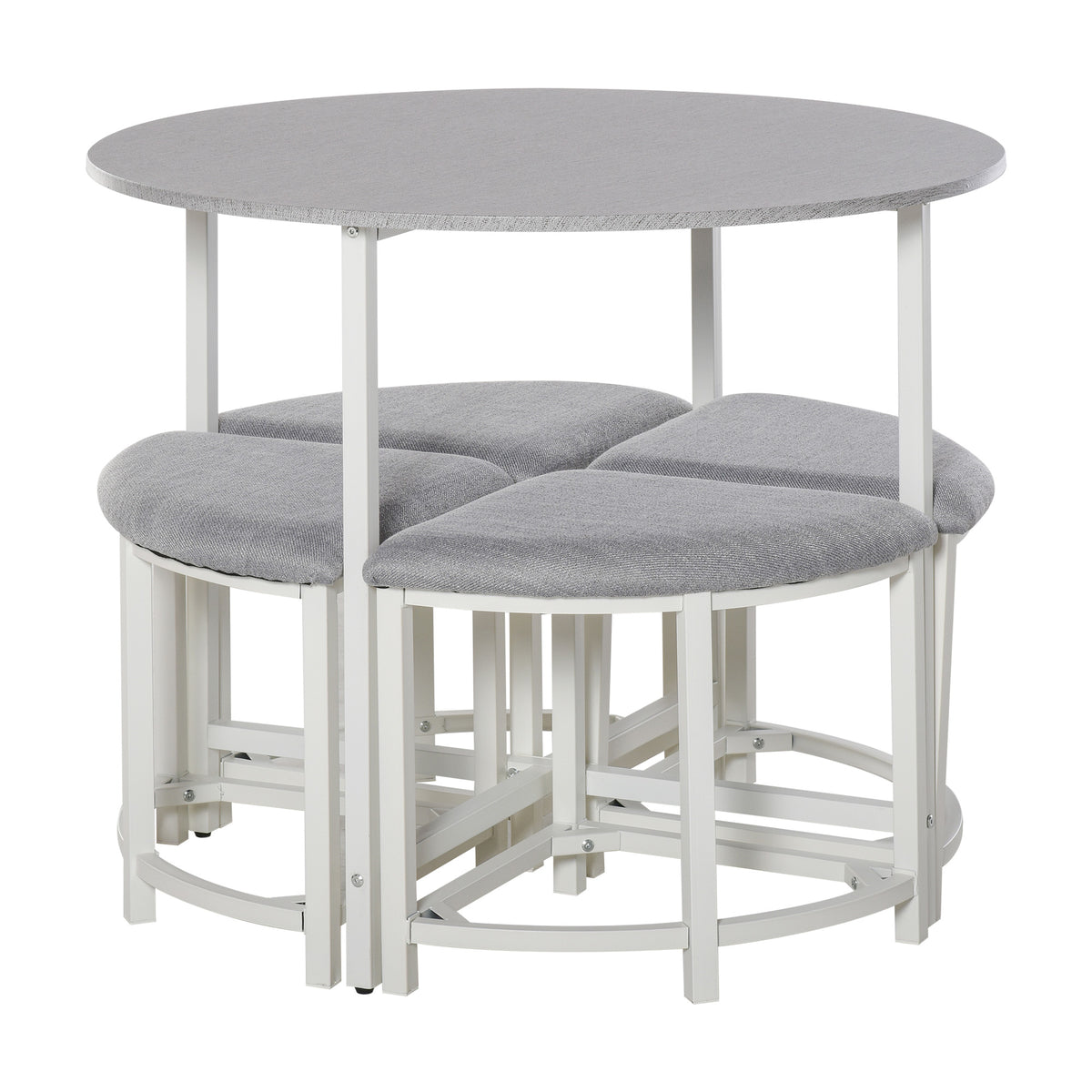 Kozy Modern Round Dining Table Set with 4 Upholstered Stools for Dining Room, Kitchen, Grey