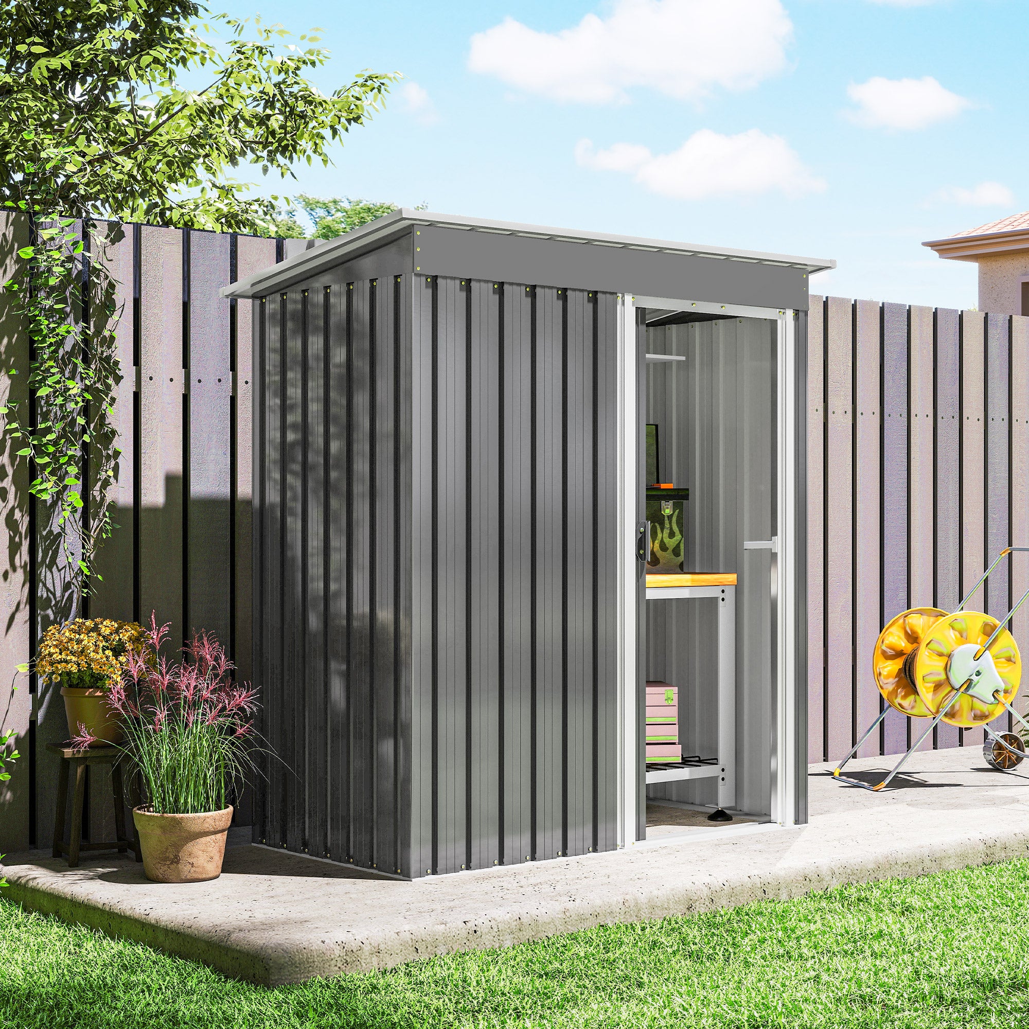 Kozy - 5x3 Storage Shed with Sliding Door and Sloped Roof for Garden, Light Grey