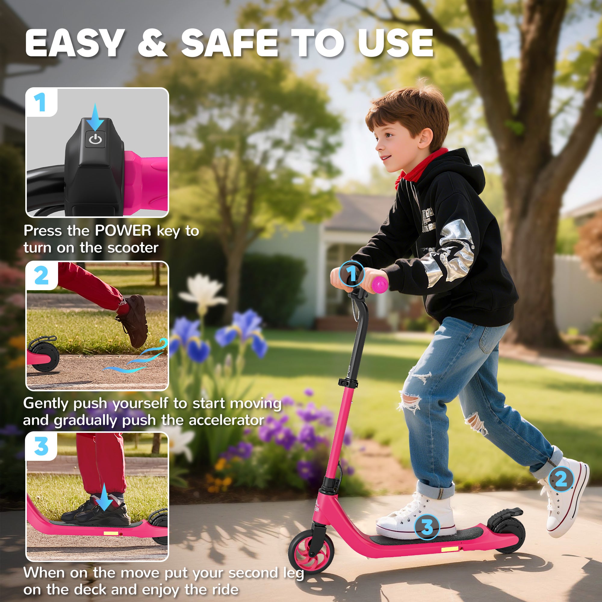 Kozy Kids Electric Scooter, Electric Scooters for Kids Ages 6+, 8 KM/H & 6 KM Lightweight E-Scooter, Adjustable Height, Rear Brake - Pink
