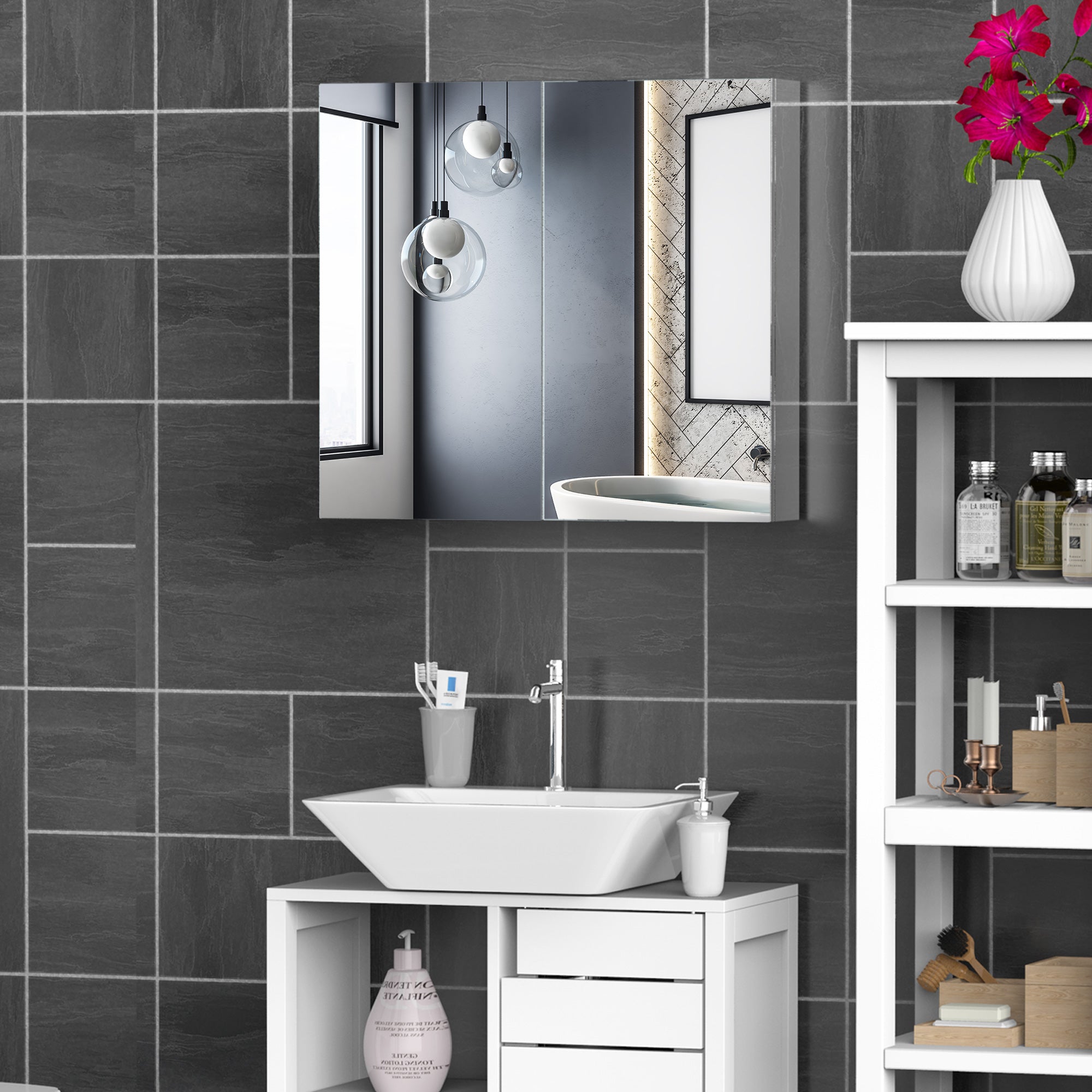 Kozy Bathroom Mirror Cabinet, Stainless Steel Wall Mounted  Bathroom Storage Cabinet with Double Doors, 60x55cm