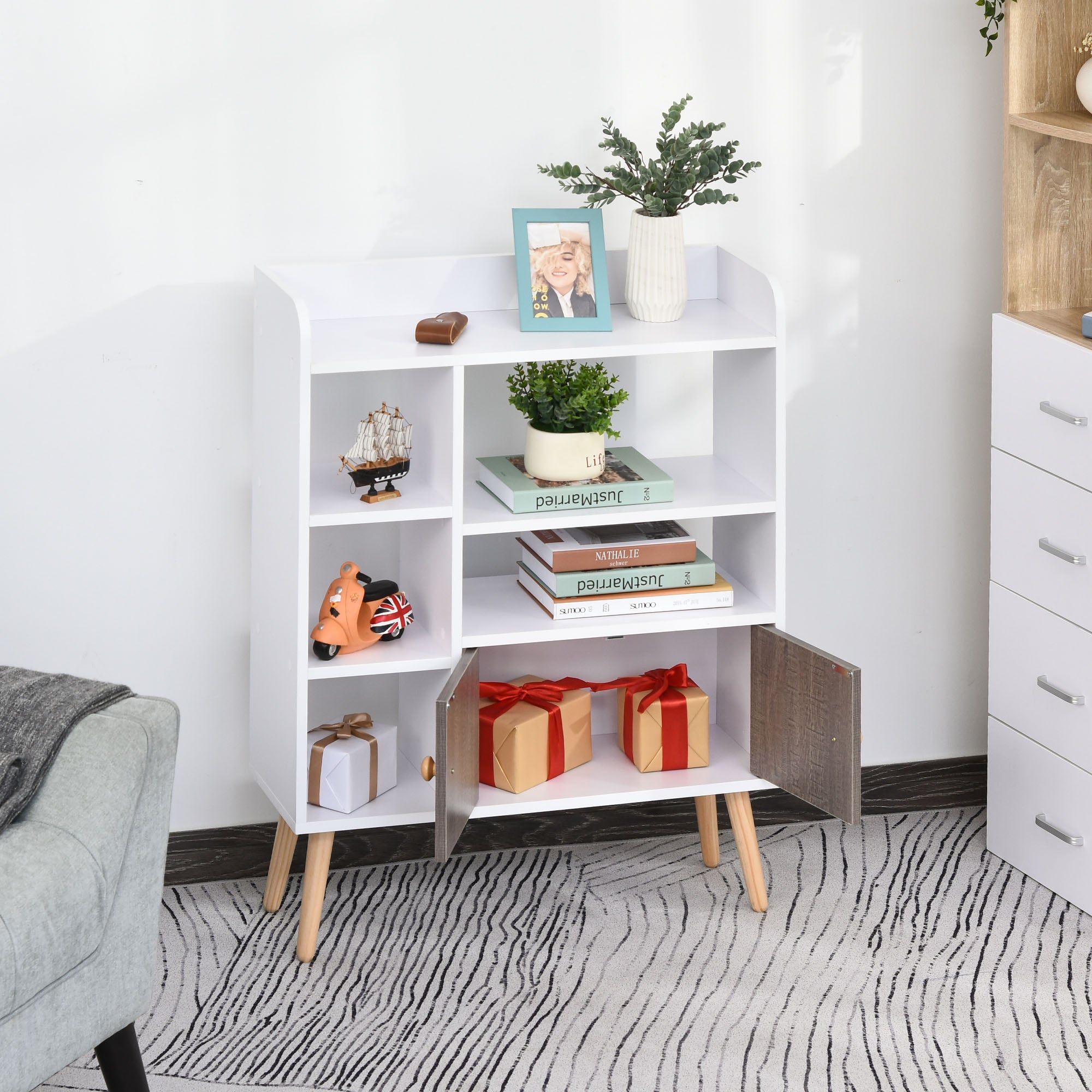 Kozy Bookcase, Freestanding Book Shelf with Storage Cabinet, 6 Shelves and Wood Legs for Home Office Display, White and Grey, 24D x 71.8W x 90.8H cm