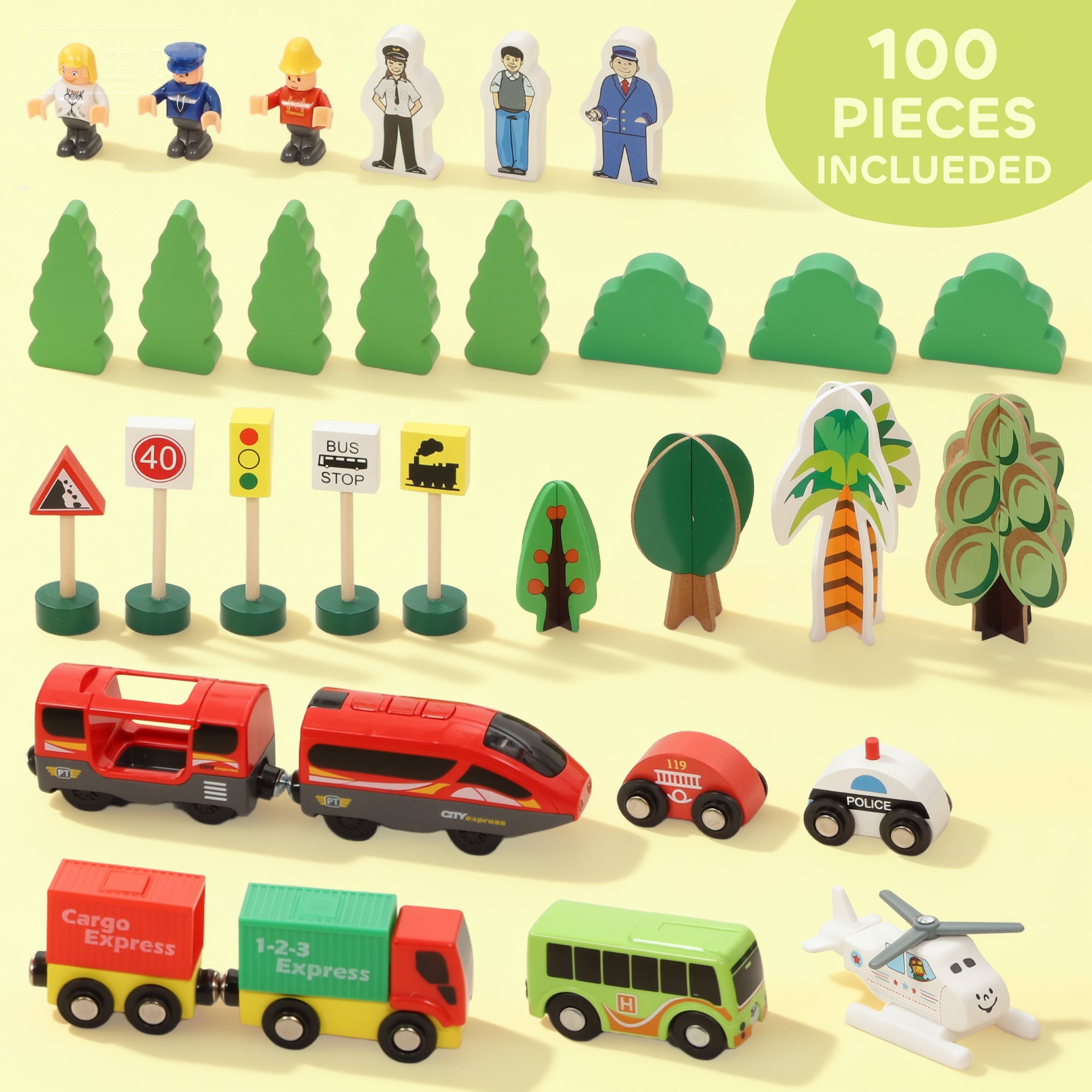 Kozy 100 Piece Wooden Train Set for Kids 3+ Years with Track, Crane, Battery Operated Train