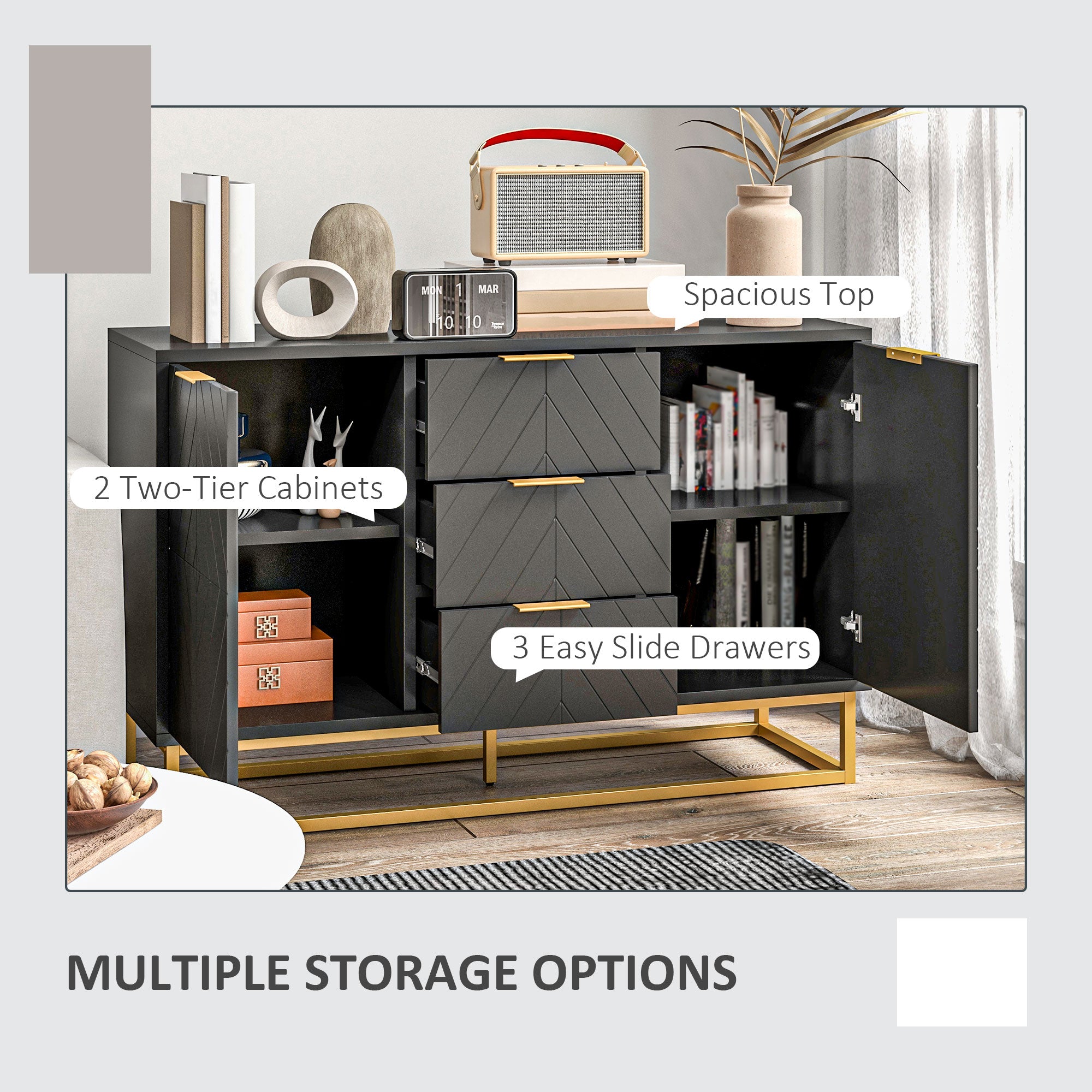 Kozy Sideboard with 3 Drawers and Adjustable Shelves for Living Room - Black