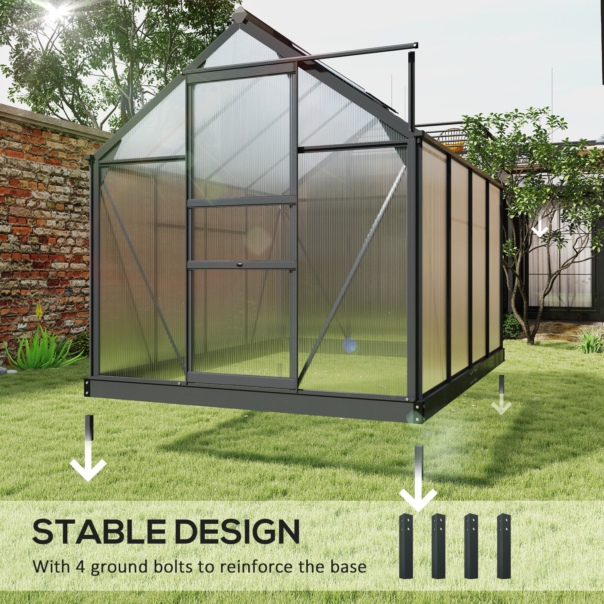 Kozy 6 x 8ft Polycarbonate Greenhouse, Large Walk-In Green House with Slide Door and Window, Garden Plants Grow House with Aluminium Frame and Foundation, Grey