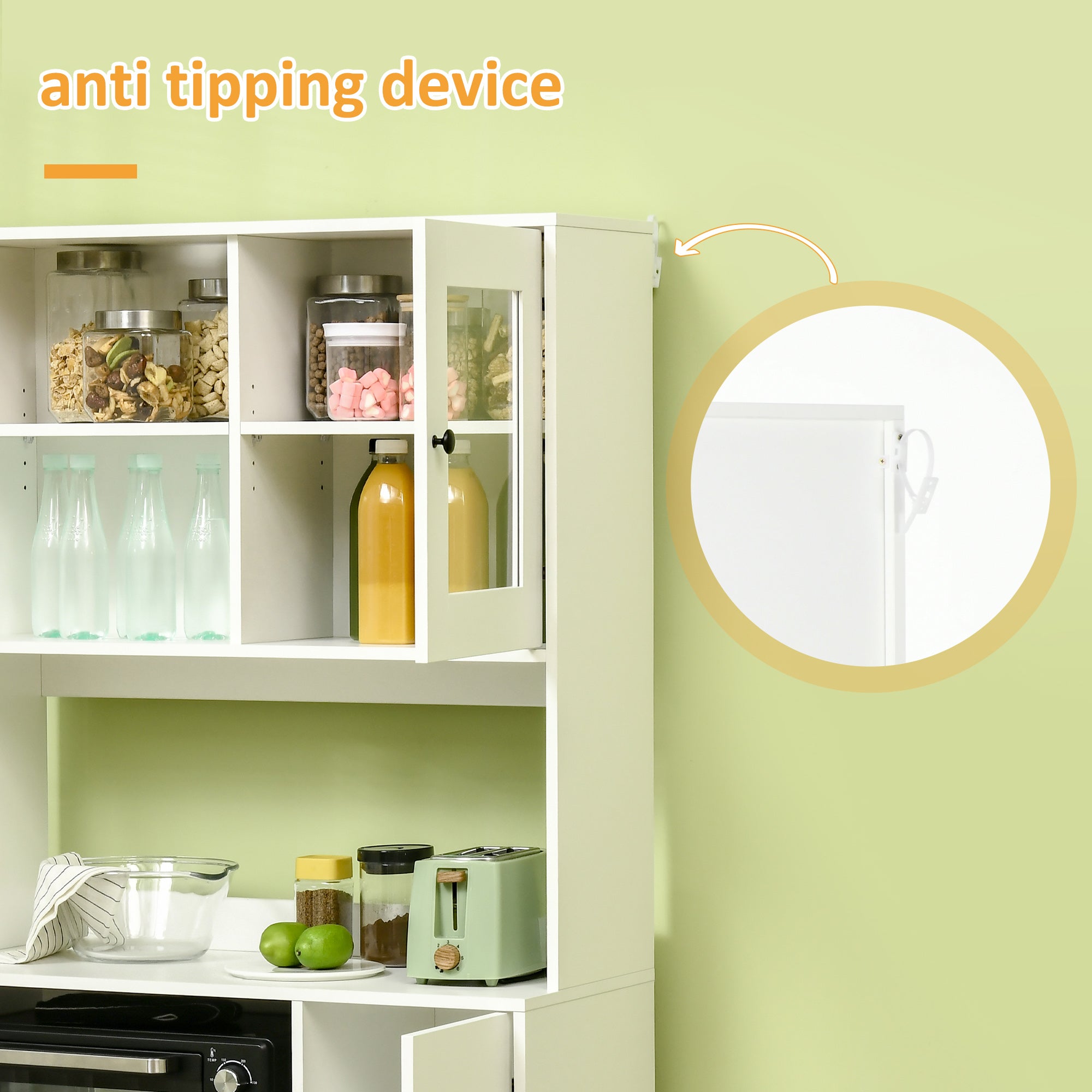 Kozy Freestanding Kitchen Cupboard, Modern Kitchen Storage Cabinet with Doors and Adjustable Shelves, 180cm, White