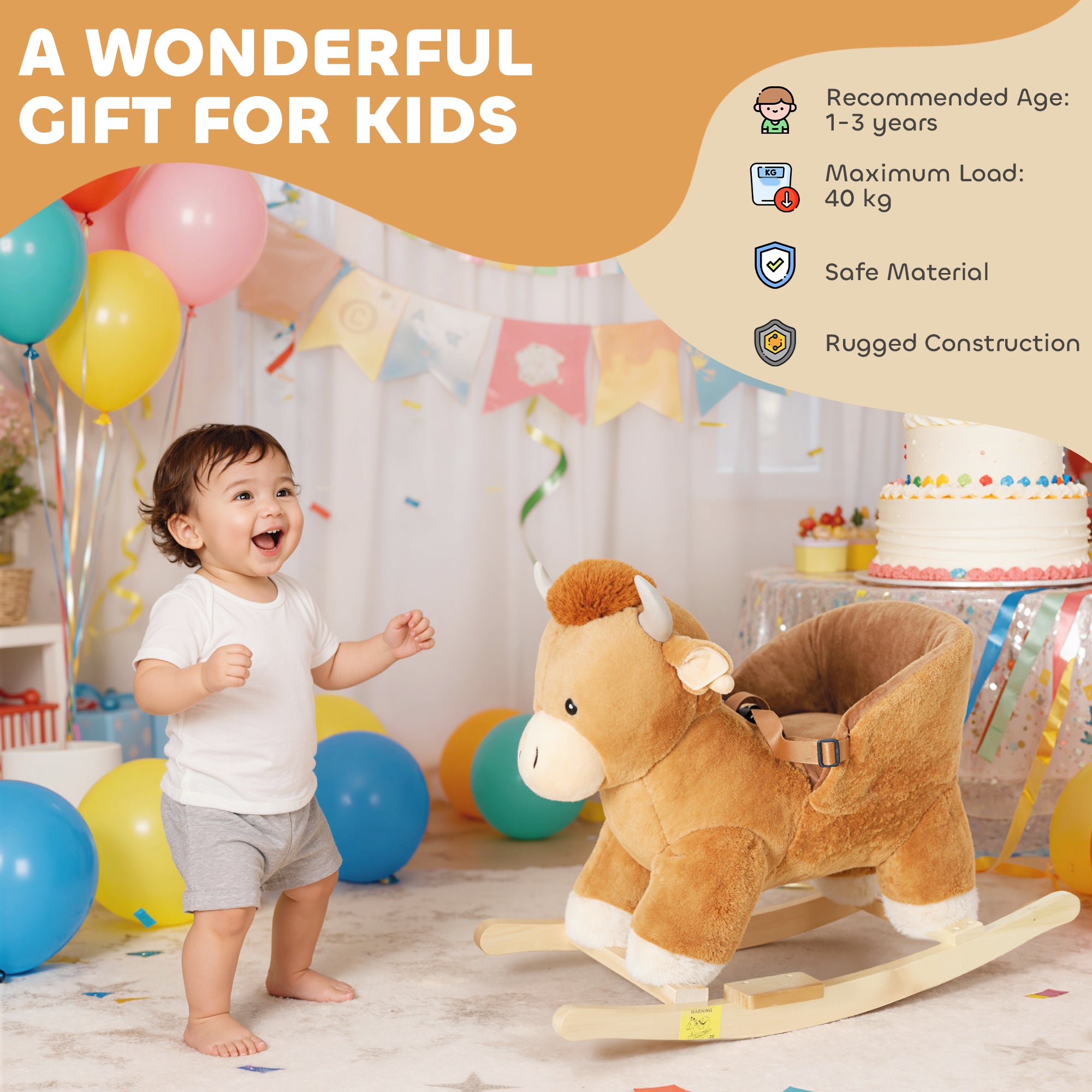 Kozy Baby Rocking Horse with Safety Belt, Wood Base, Animal Rocker for Children, Brown