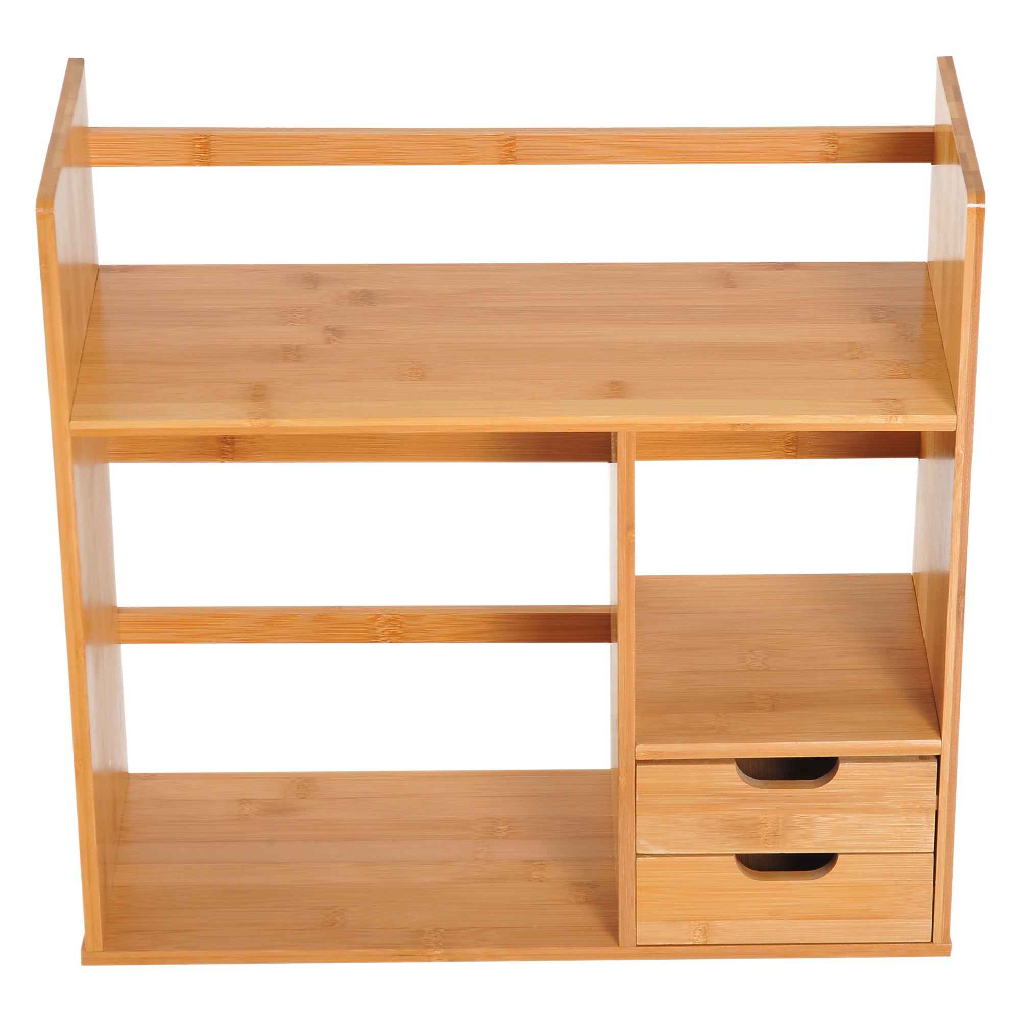 HOMCOM Desk Organiser, Bamboo Desktop Bookshelf with 2 Drawers and Stationery Storage, Reversible Use