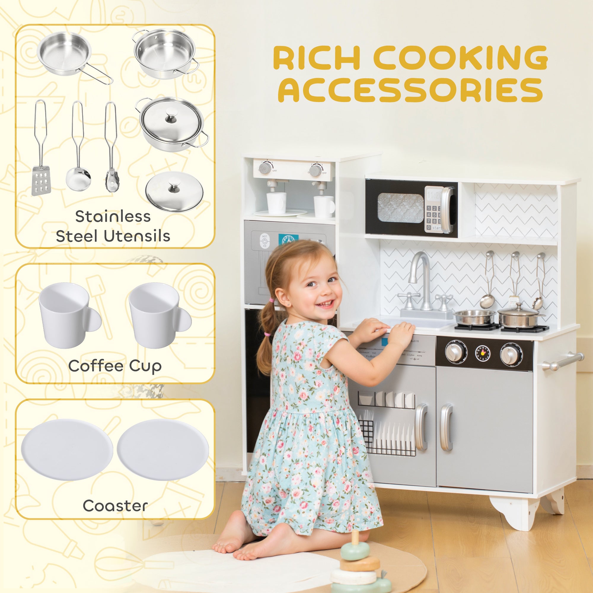 AIYAPLAY Kids Play Kitchen with Sound, Ice/Coffee Maker, Utensils, Microwave, Stainless Steel Utensils, for 3-6 Years