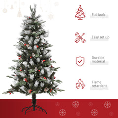 Kozy 5FT Artificial Snow Dipped Christmas Tree Xmas Pencil Tree Holiday Home Party Decoration with Foldable Feet Red Berries White Pinecones, Green