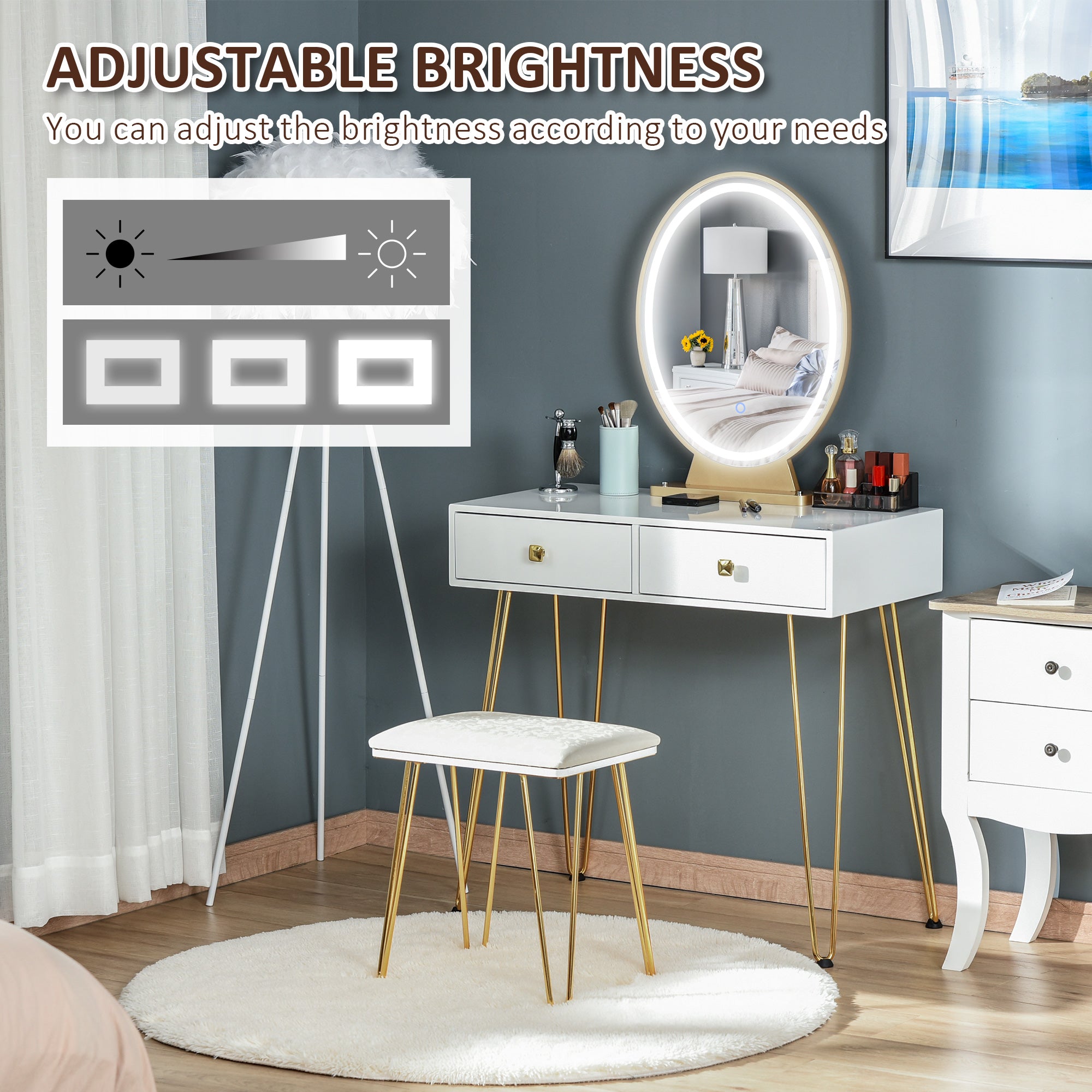 Kozy Dressing Table with LED Mirror and Cushioned Stool, Vanity Desk with Acrylic Lipstick Holder and 2 Drawers, Makeup Table for Bedroom, White