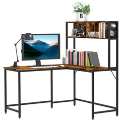 Kozy L Shaped Desk with Book Shelf, Industrial Corner Computer Desk, Writing Table with Steel Frame for Home Office, Bedroom, Study Room, 140 x 125cm, Brown