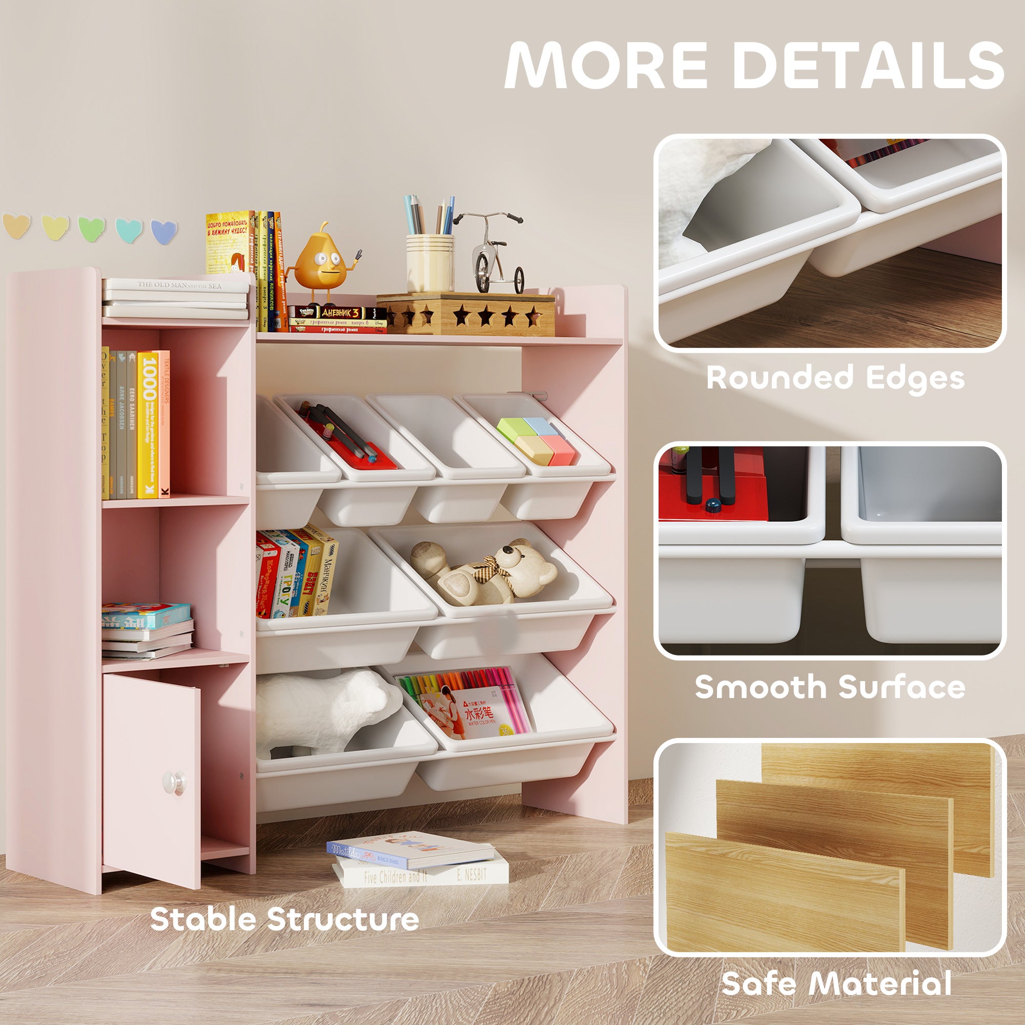 Kozy Toy Storage Unit with 8 Removable Bins, Storage Shelves, Cabinet, Pink