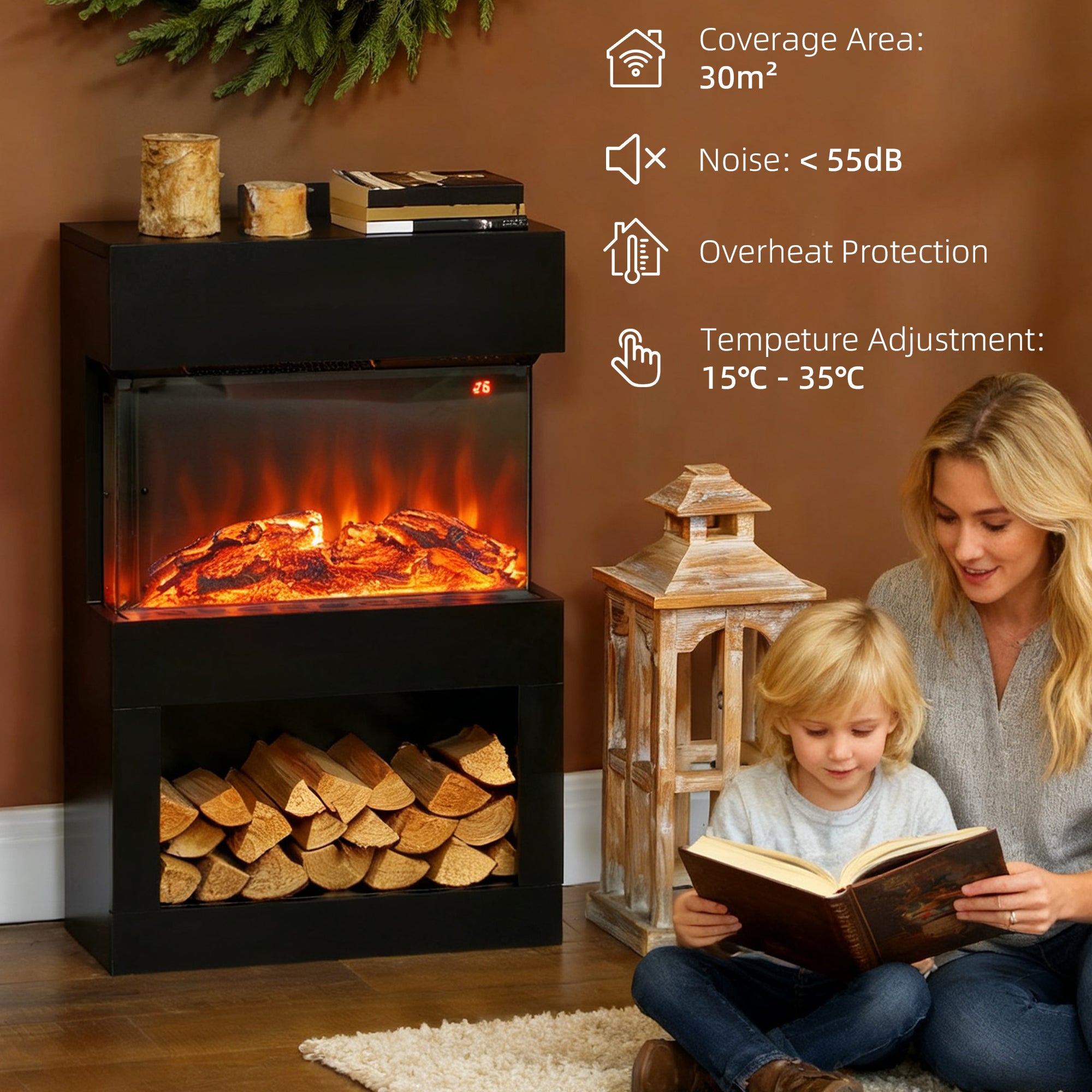 Kozy - Electric Fireplace with 3D Flame Effect, 6 Colours & 3 Brightness Levels, 1000W/2000W Black Electric Fire and Mantel Reach up to 30㎡ Space with Remote & Timer, 3 Sided View for Living Room