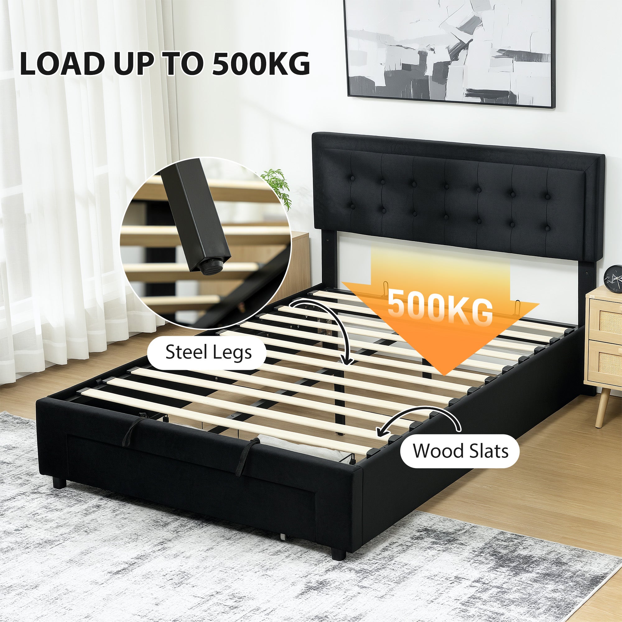 Kozy - Double Ottoman Bed Frame, with Front Drawer - Black