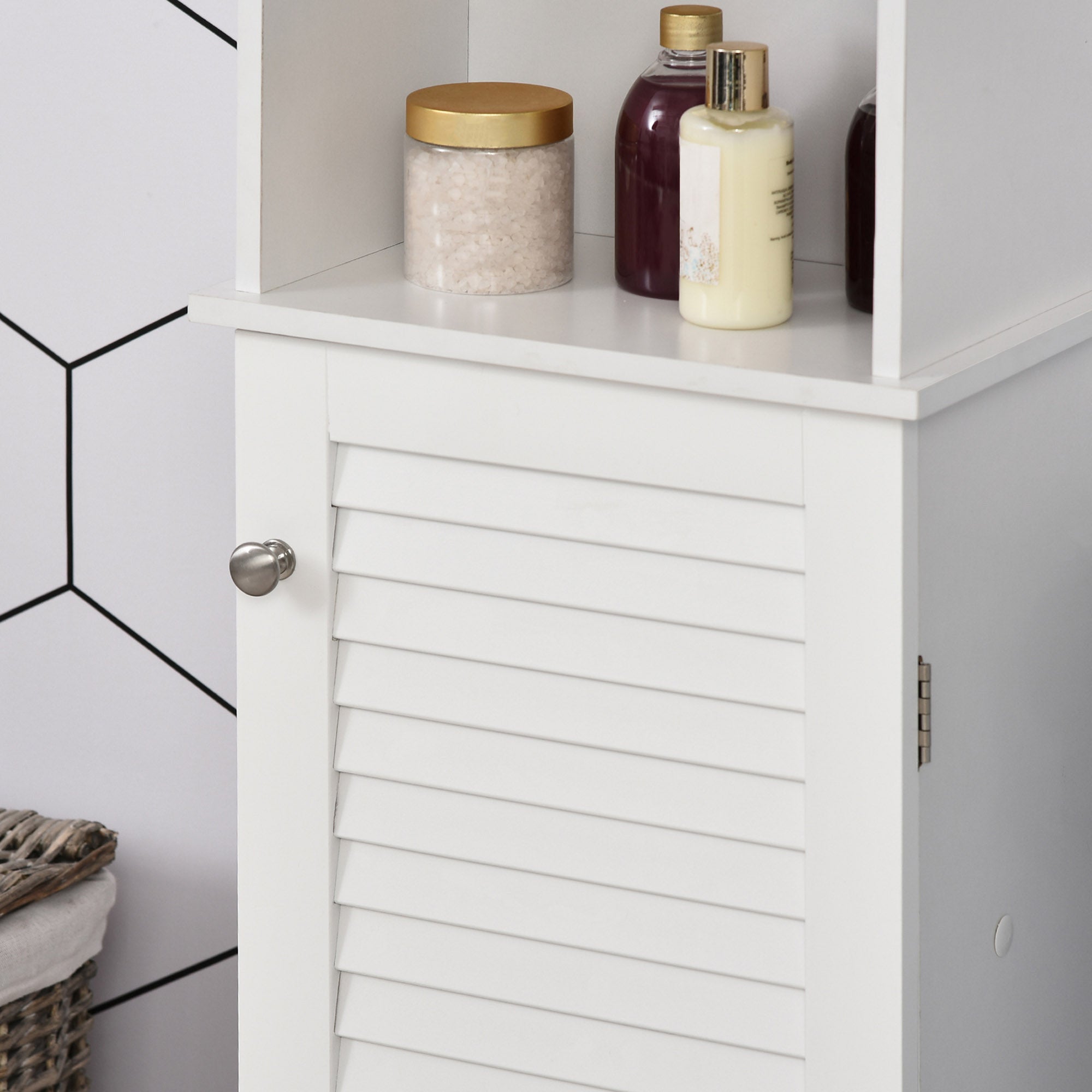 Kozy Tall Bathroom Cabinet, Freestanding Slim Bathroom Storage Unit with Adjustable Shelves and Shutter Door, Floor Storage Cupboard with 6 Shelves, 165H x 34W x 20D cm, White