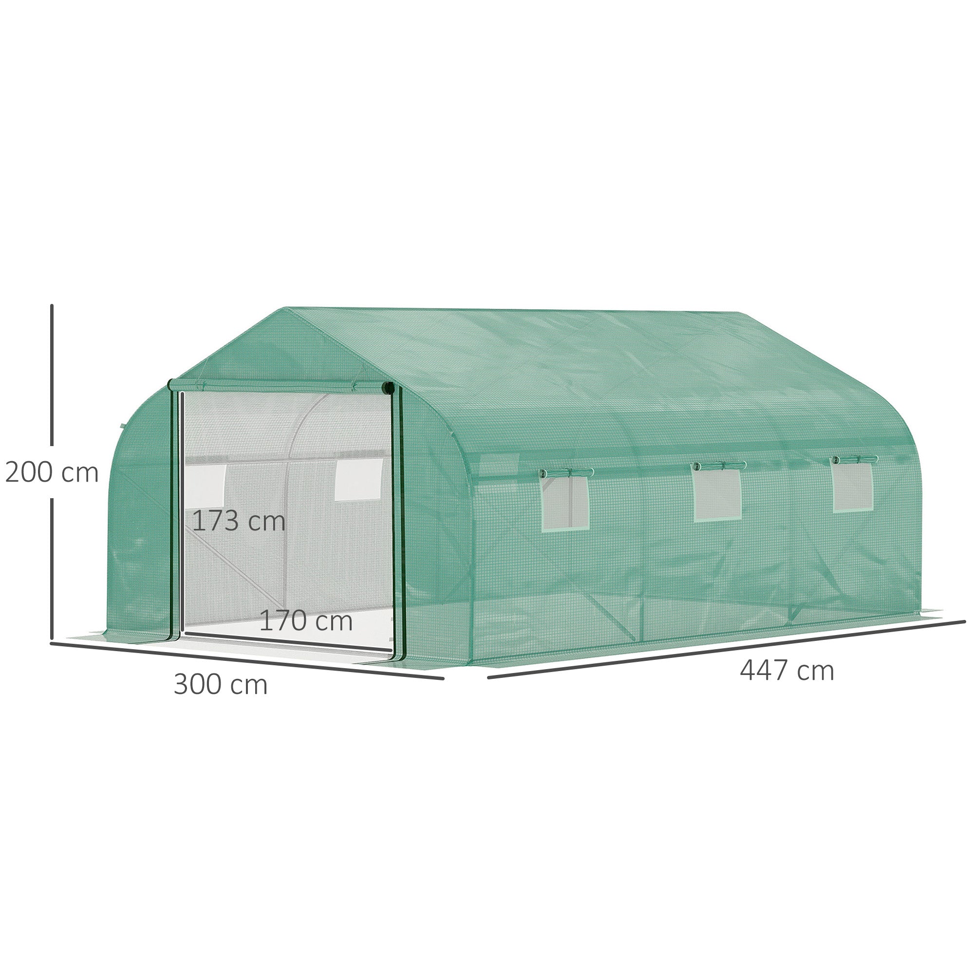 Kozy Walk-in Polytunnel Garden Greenhouse, Outdoor Mesh Door Greenhouse with PE Cover and 6 Windows, 4.5 x 3 x 2m, Green