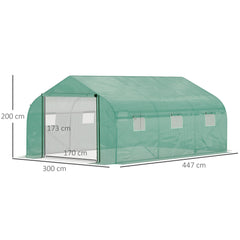 Kozy Walk-in Polytunnel Garden Greenhouse, Outdoor Mesh Door Greenhouse with PE Cover and 6 Windows, 4.5 x 3 x 2m, Green