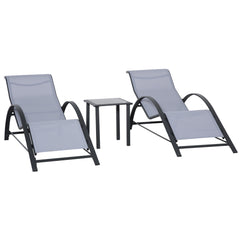 Kozy 3 Pieces Lounge Chair Set Metal Frame Garden Outdoor Recliner Sunbathing Chair with Table, Light Grey