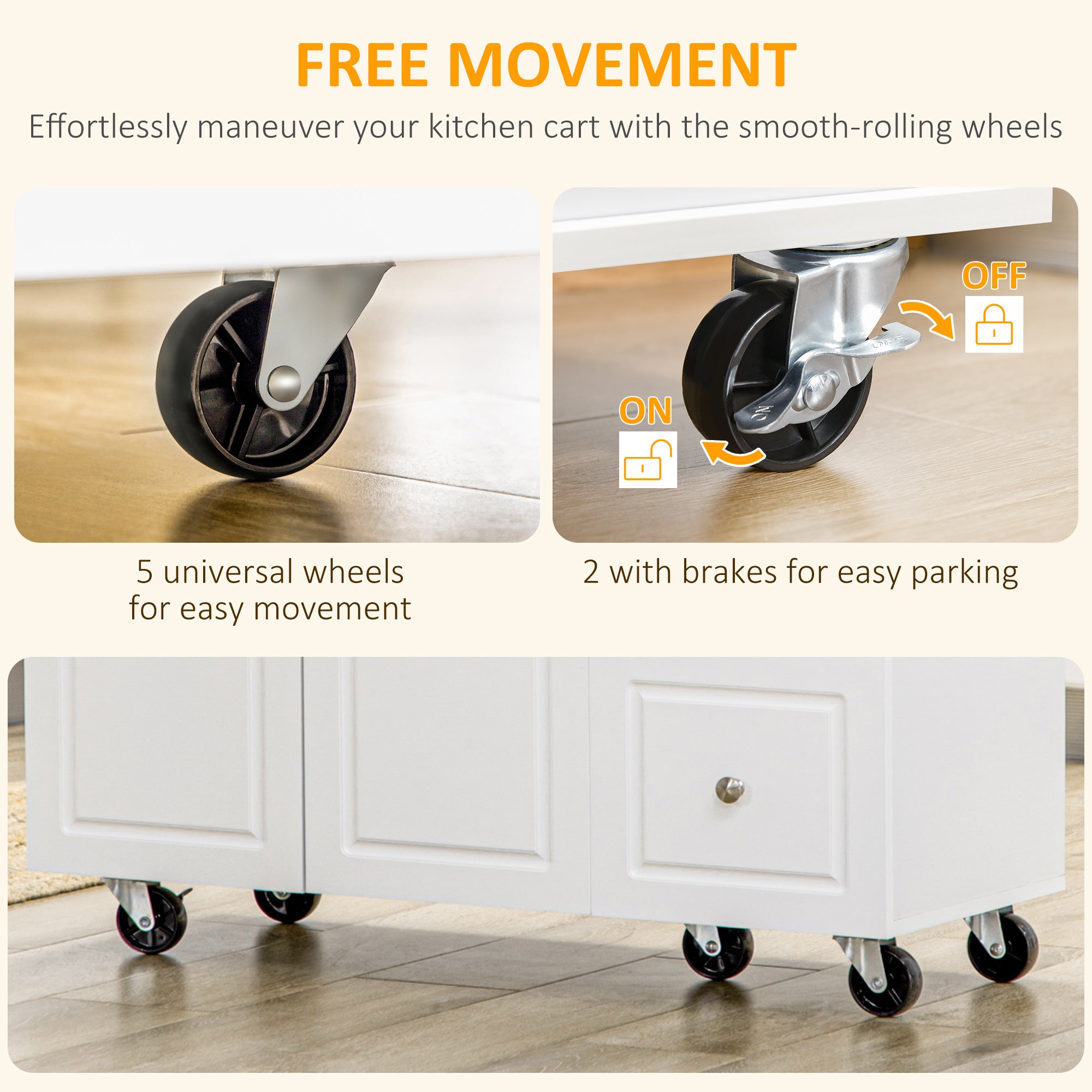 Kozy Drop-Leaf Kitchen Island on Wheels with Extendable Rubber Wood Worktop, Rolling Kitchen Storage Trolley, Utility Storage Cart with Drawers & Cabinet for Kitchen, Dining & Living Room, White