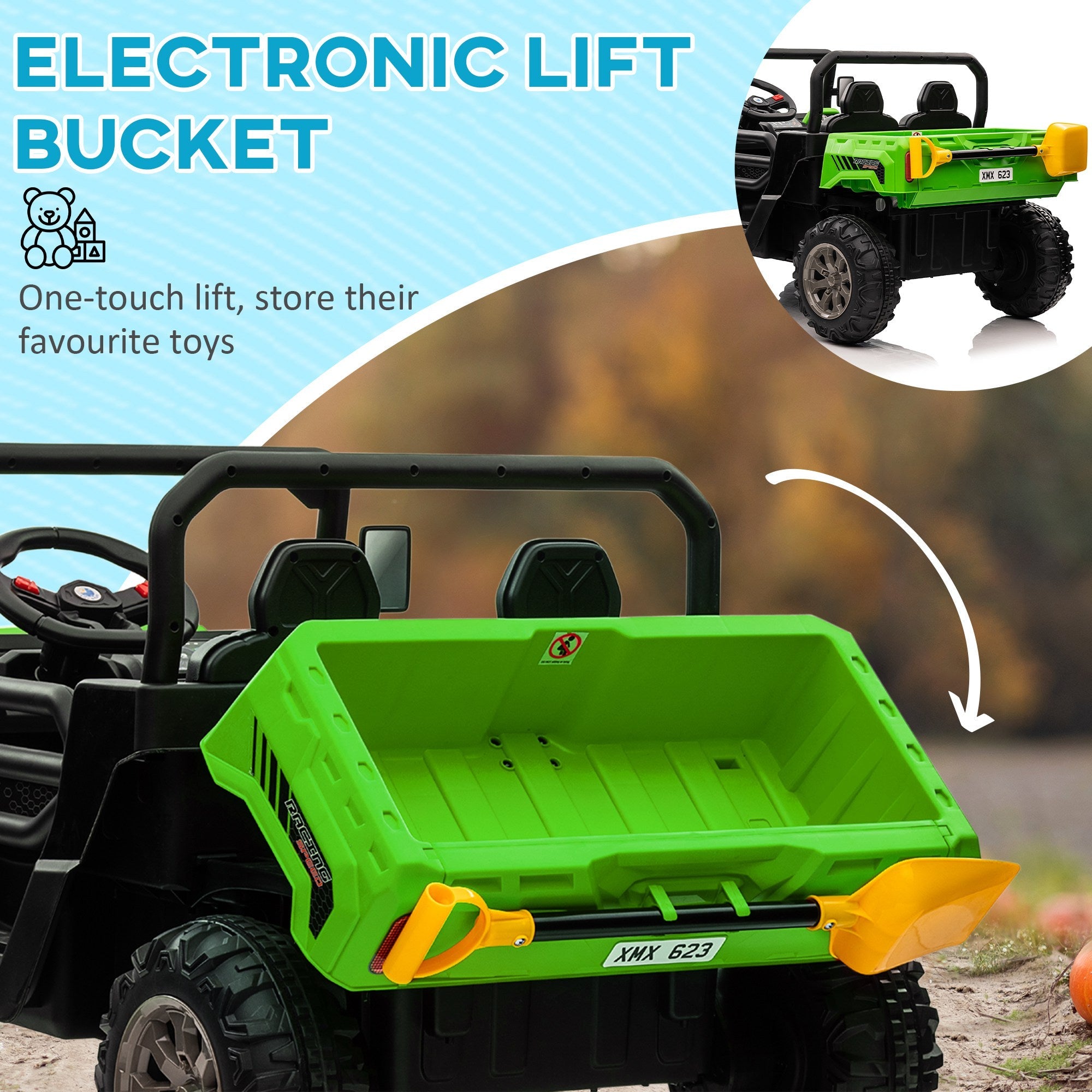 HOMCOM 12V Two-Seater Kids Electric Ride-On Car, with Electric Bucket, Remote Control - Green