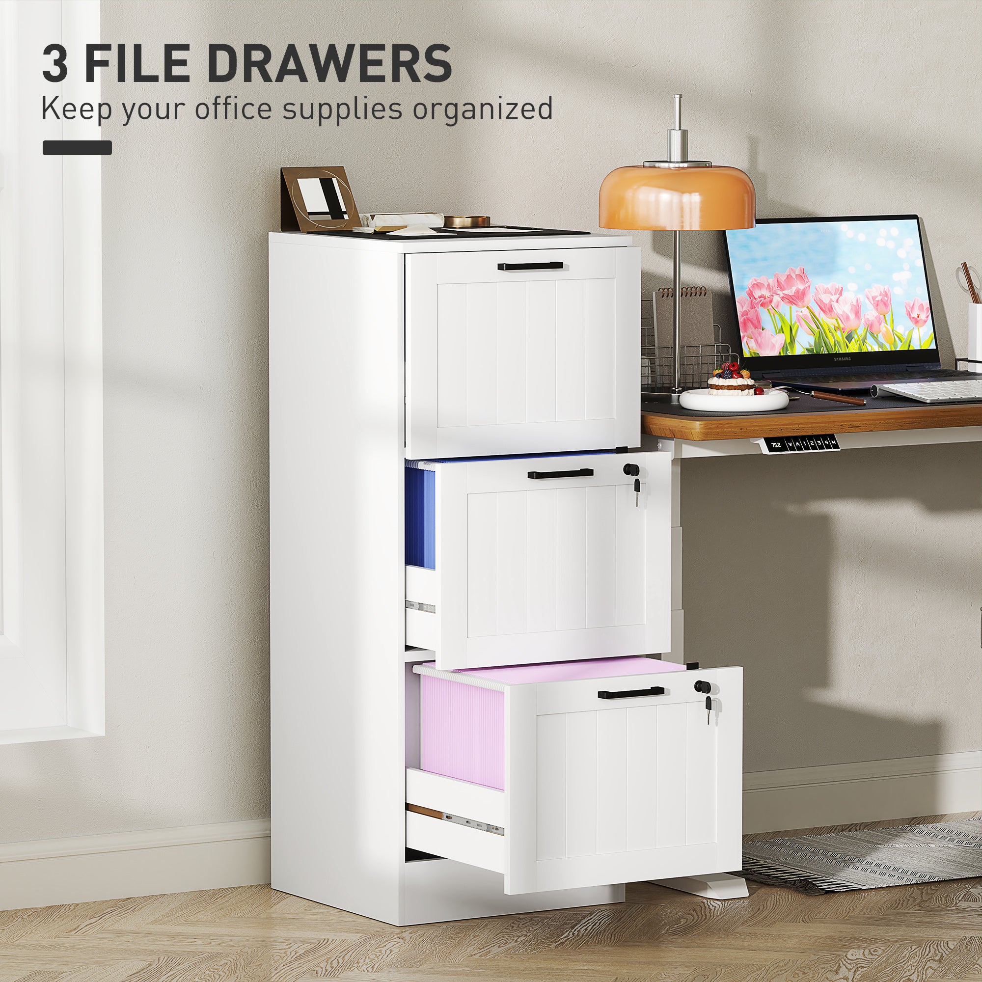 Kozy 3 Drawer Filing Cabinet with Lock, Office Storage Cabinet with Adjustable Hanging Bars for A4 Letter Size Files, White