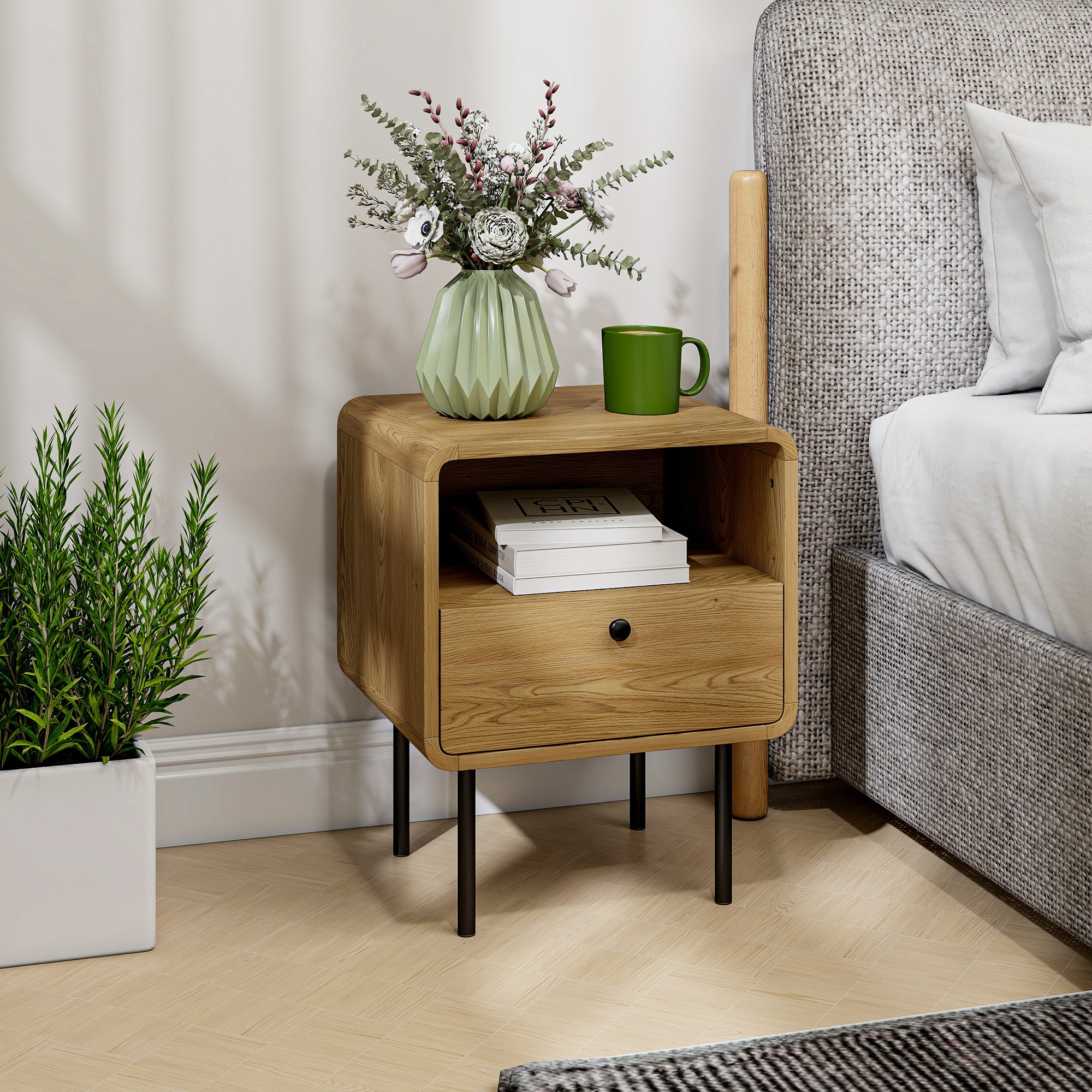 Kozy Bedside Table with Drawer and Open Shelf - Oak
