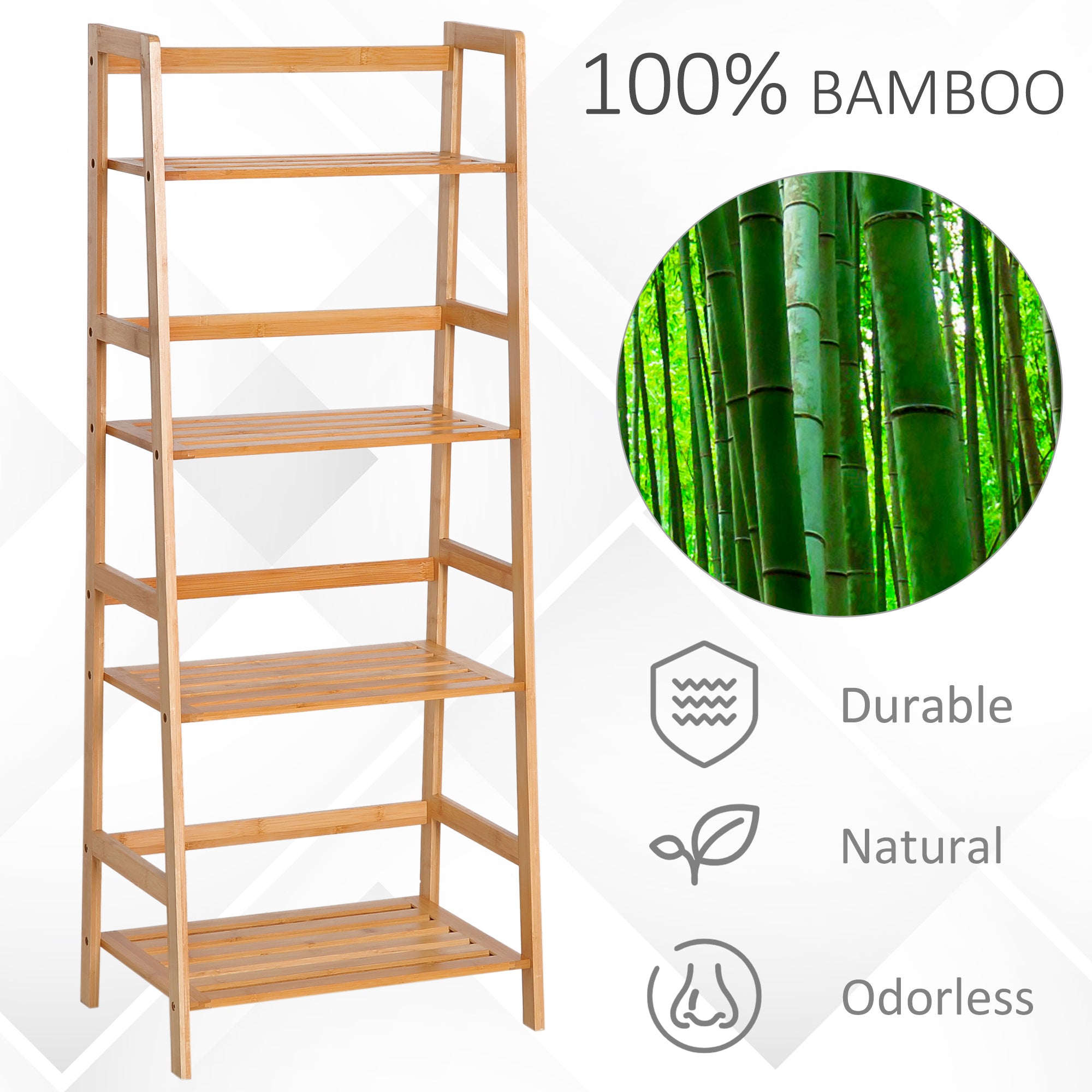 Kozy Bamboo Ladder Shelf, 4-Tier Bookshelf, Freestanding Bookcase for Living Room, Study, Bedroom, Home Office, 48 x 31.5 x 120cm, Natural Wood Effect