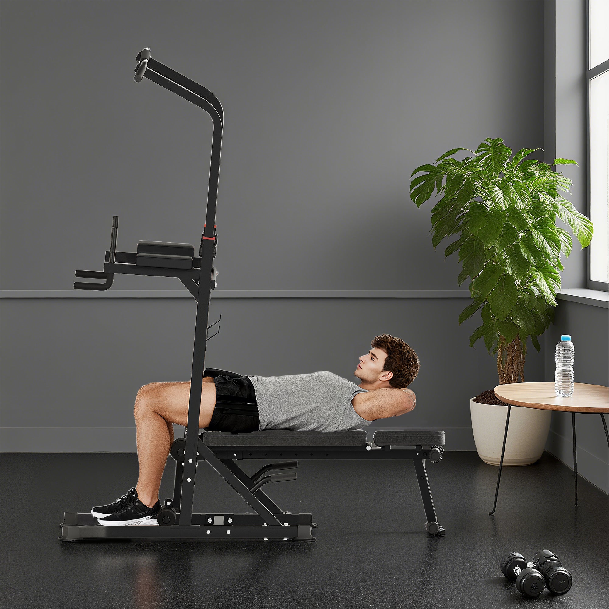 Kozy Pull Up Station with Adjustable Weight Bench, Dip Station and Barbell Rack, Multi-Function Power Tower Free Standing Pull Up Bar for Home Gym