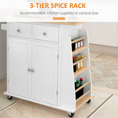 Kozy Kitchen Island on Wheels, Mobile Storage Trolley, Rolling Kitchen Cart with Rubber Wood Top, 2-Door Cabinets, 2 Drawers, Adjustable Shelf, 3-Tier Spice Rack, Drawers