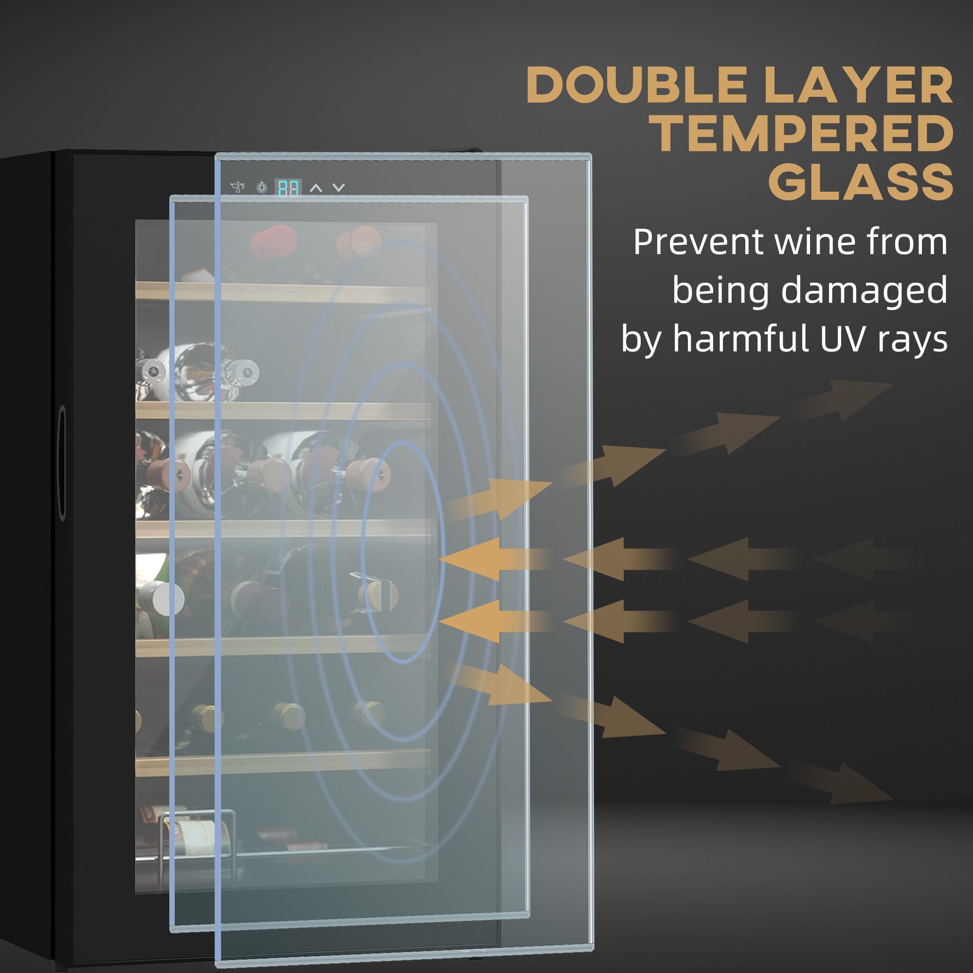 Kozy 24 Bottle Wine Fridge, 65 Litre Capacity, 43cm Freestanding Wine Cooler Fridge with Glass Door, LED Light, Digital Touch Screen, Temperature Control, Black