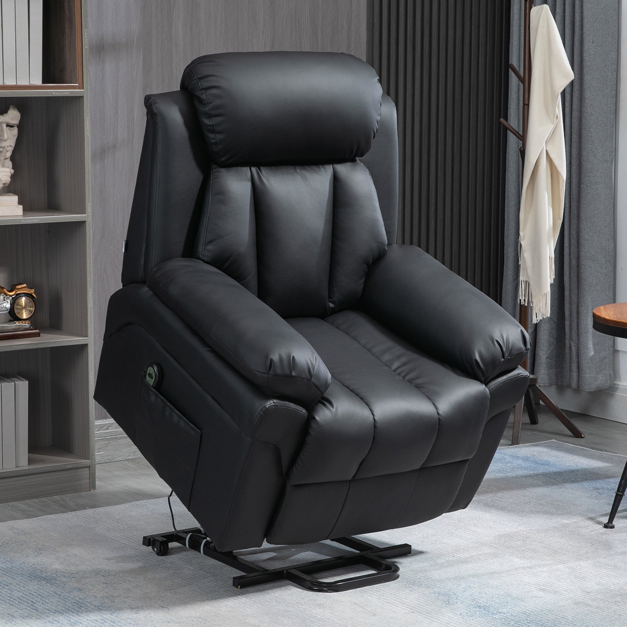 Kozy - Power Lift Chair Recliner for Elderly, Electric Recliner Chair, Overstuffed Faux Leather Riser and Reclining Armchair with Remote Control, Side Pockets, for Living Room, Black