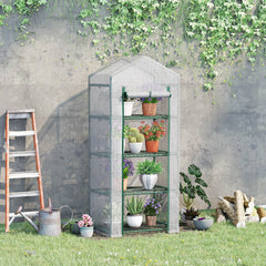 Outsunny 4 Tier Mini Greenhouse, Portable Green House with Steel Frame, PE Cover, Roll-up Door, 70 x 50 x 160 cm, White | Aosom UK