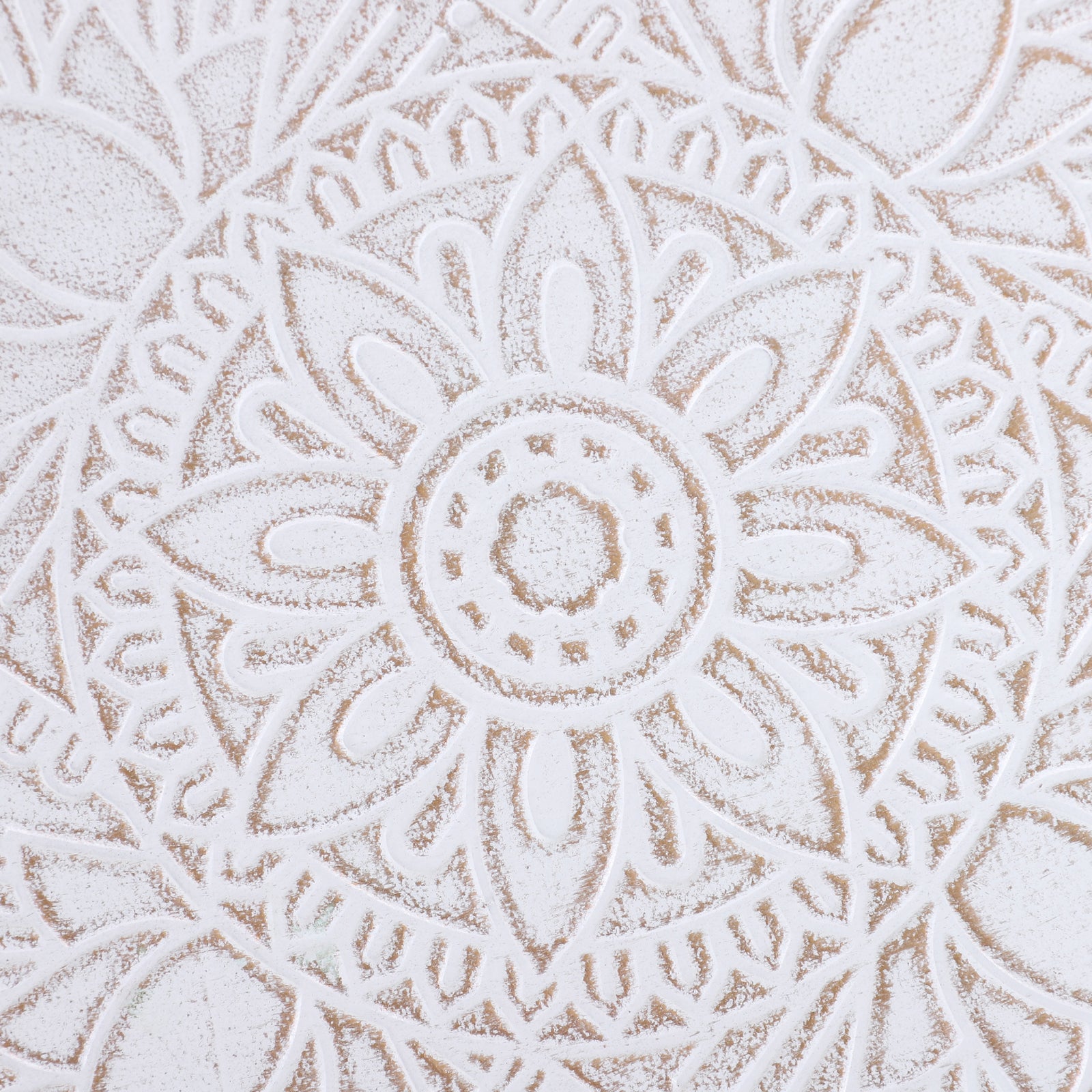 Kozy Coffee Table, Carved Floral Round Table with Tray-style Top and Wood Legs, Modern Side Table for Living Room, White