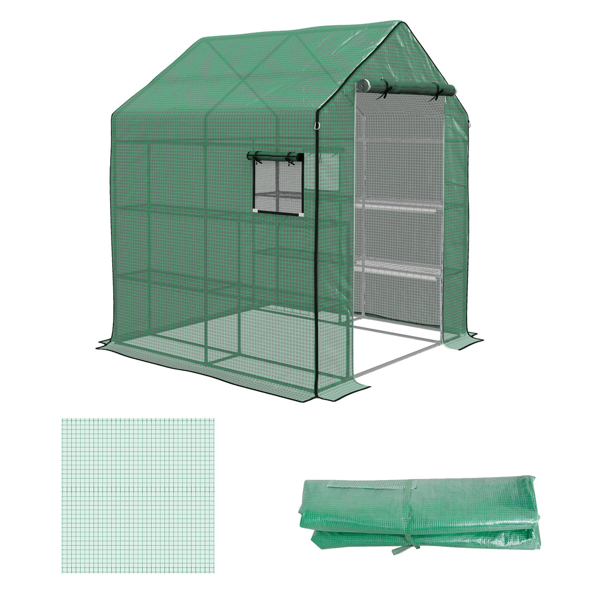 Outsunny Greenhouse Cover Replacement Walk-in PE Hot House Cover with Roll-up Door and Windows, 140 x 143 x 190cm, Green | Aosom UK