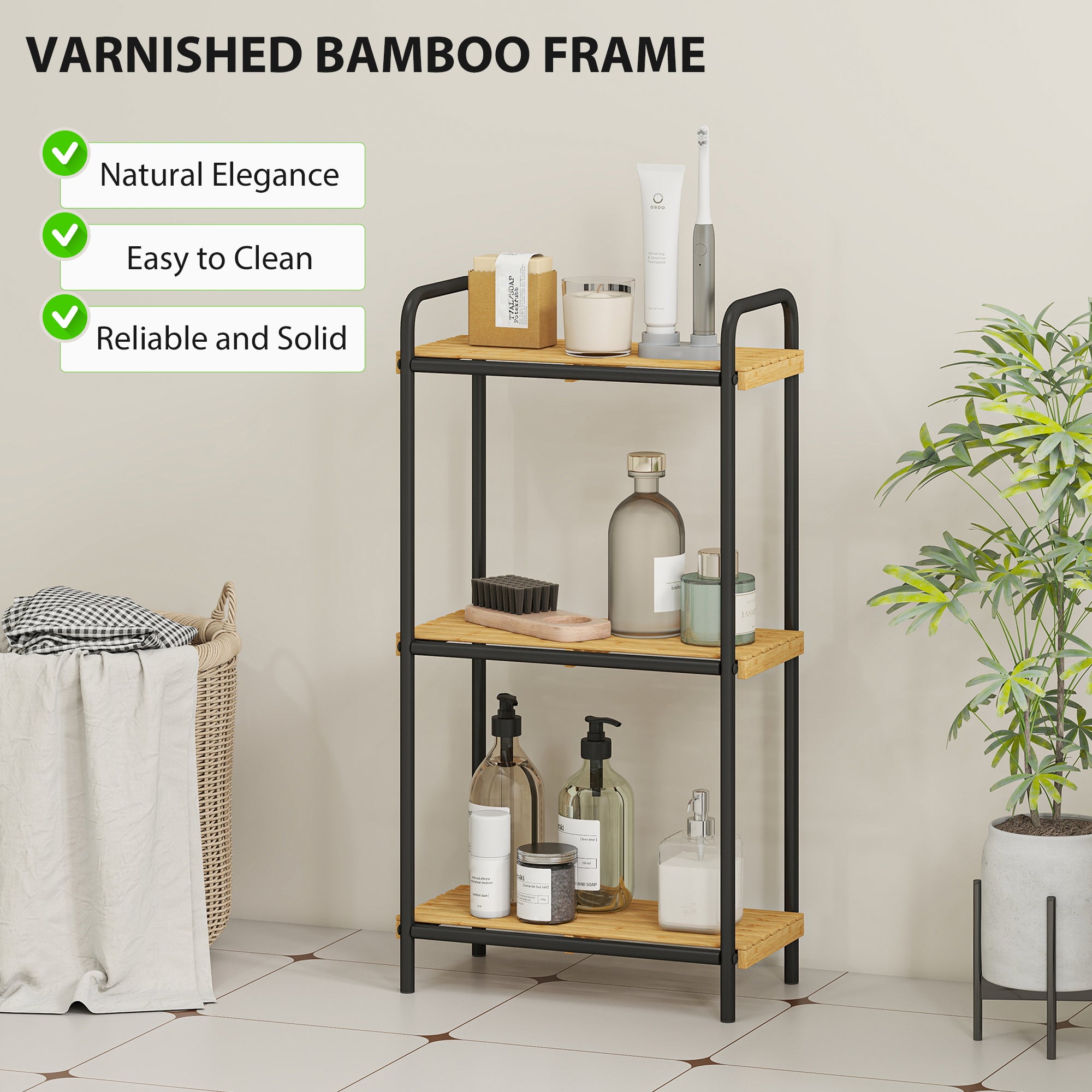 Kozy - 3-Tier Bamboo Bathroom Storage Shelf, Freestanding Narrow Shelving Unit with Slatted Shelves for Kitchen Bathroom Living Room, 41.5 x 21.5 x 77.5 cm, Natural and Black