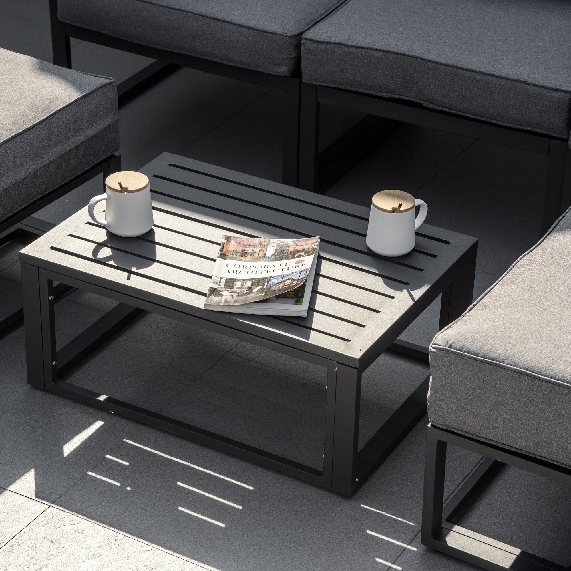 Kozy Garden Daybed, 6 Piece Outdoor Sectional Sofa Set, Aluminum Patio Conversation Furniture Set with Coffee Table, Footstool and Cushions, Grey