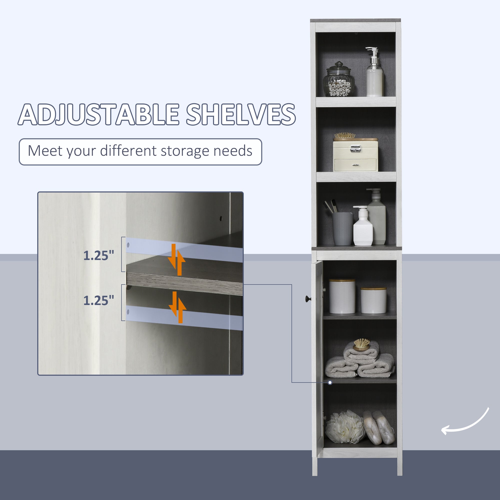 Kozy Tall Bathroom Storage Cabinet, Freestanding Tower Cabinet with 3 Open Shelves and Adjustable Shelf, Antique White