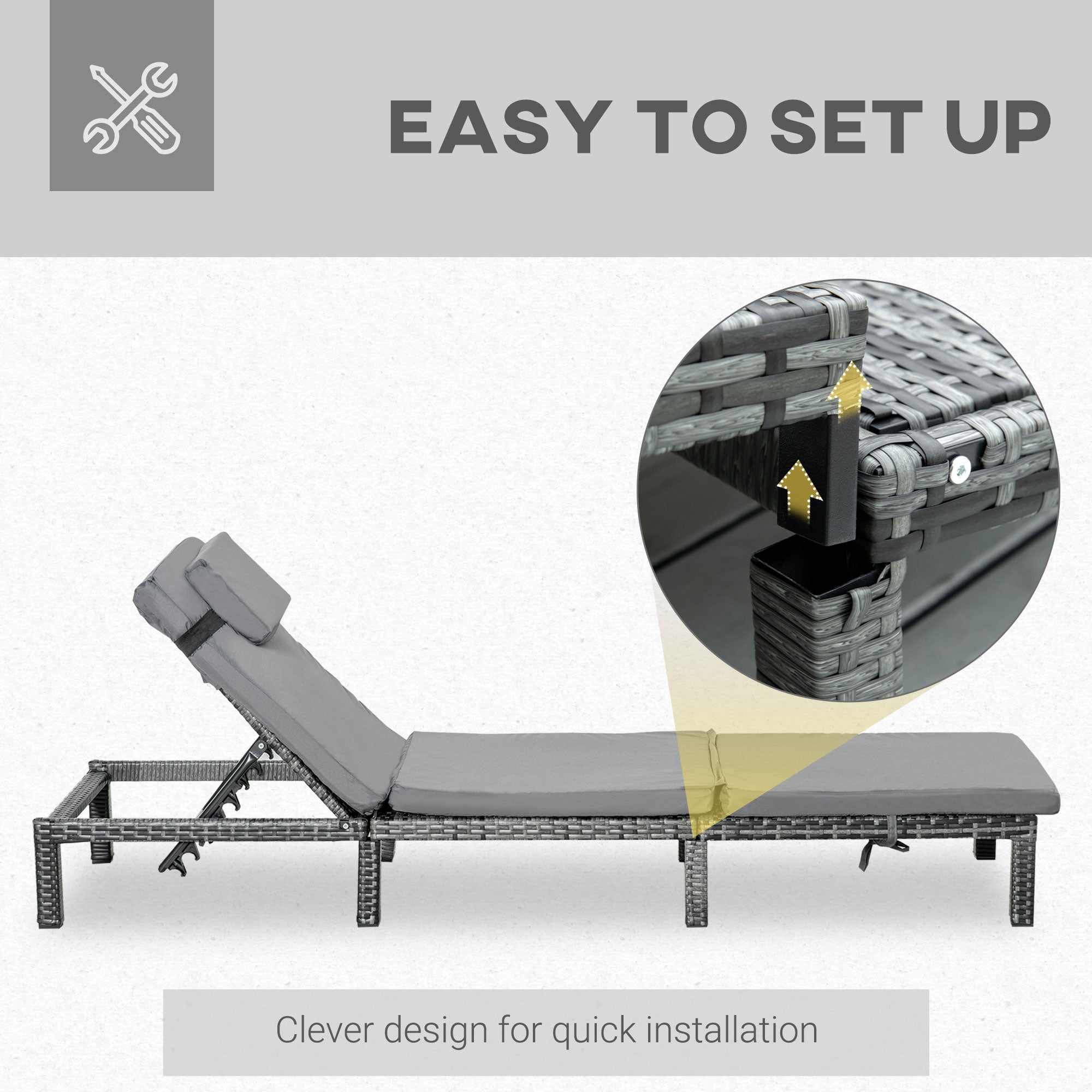 Kozy Rattan Sun Lounger, 5-Level Adjustable Garden Lounger Recliner with Cushion and Headrest, Outdoor Reclining Sunbed, Steel Frame Garden Chair for Patio, Beach, Terrace, Dark Grey